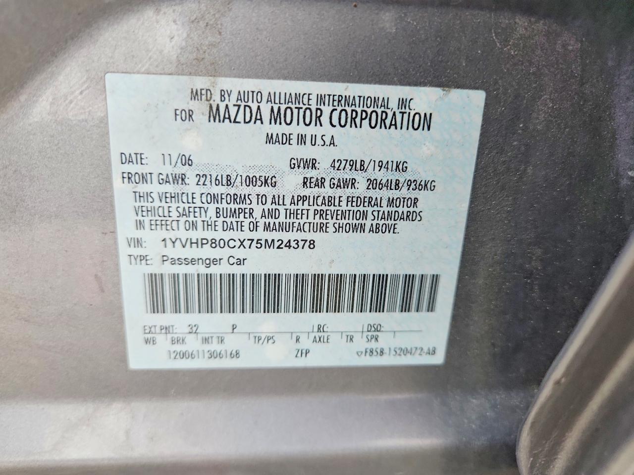 2007 Mazda 6 I Gray vin: 1YVHP80CX75M24378