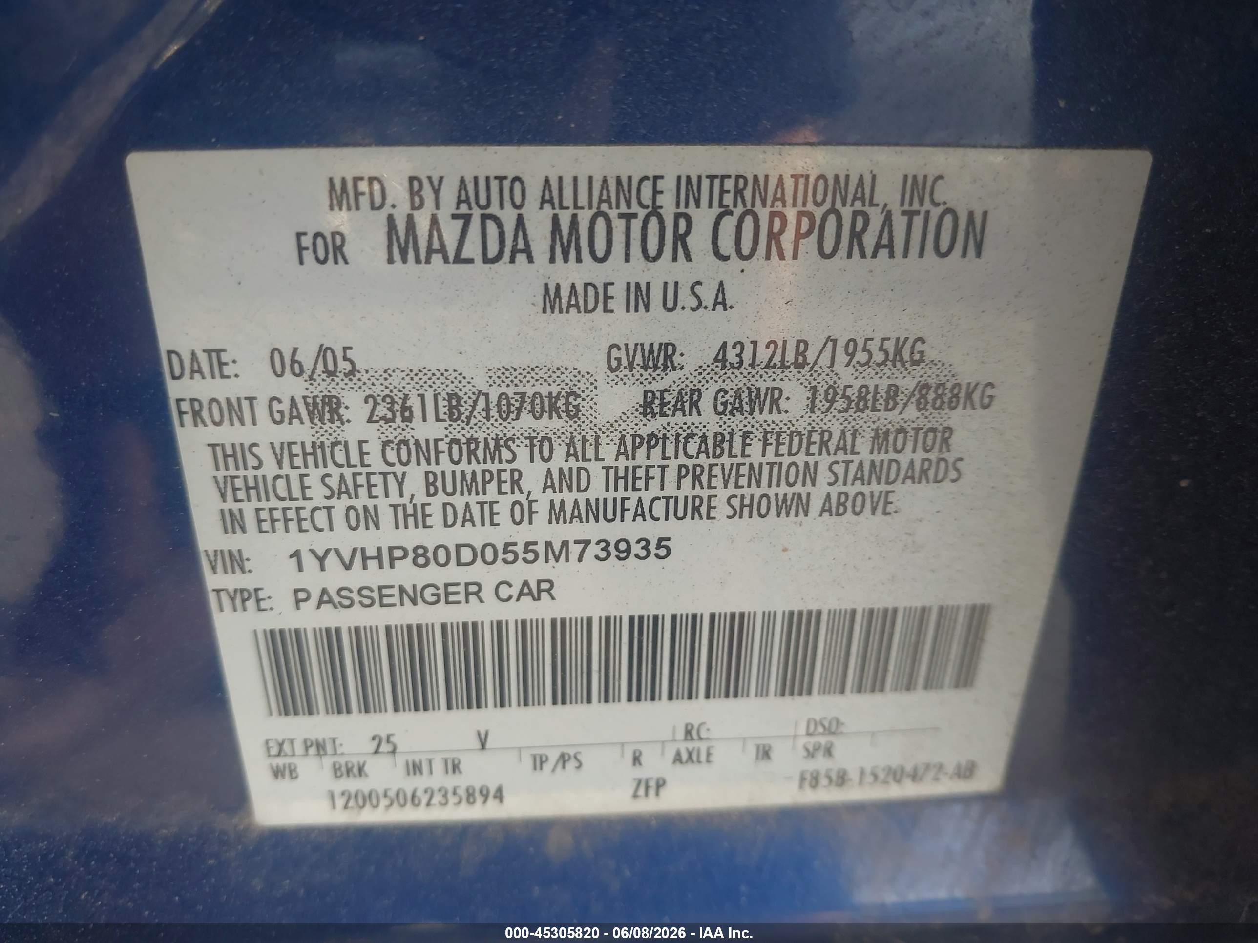 2005 Mazda Mazda6 S Sport Blue vin: 1YVHP80D055M73935
