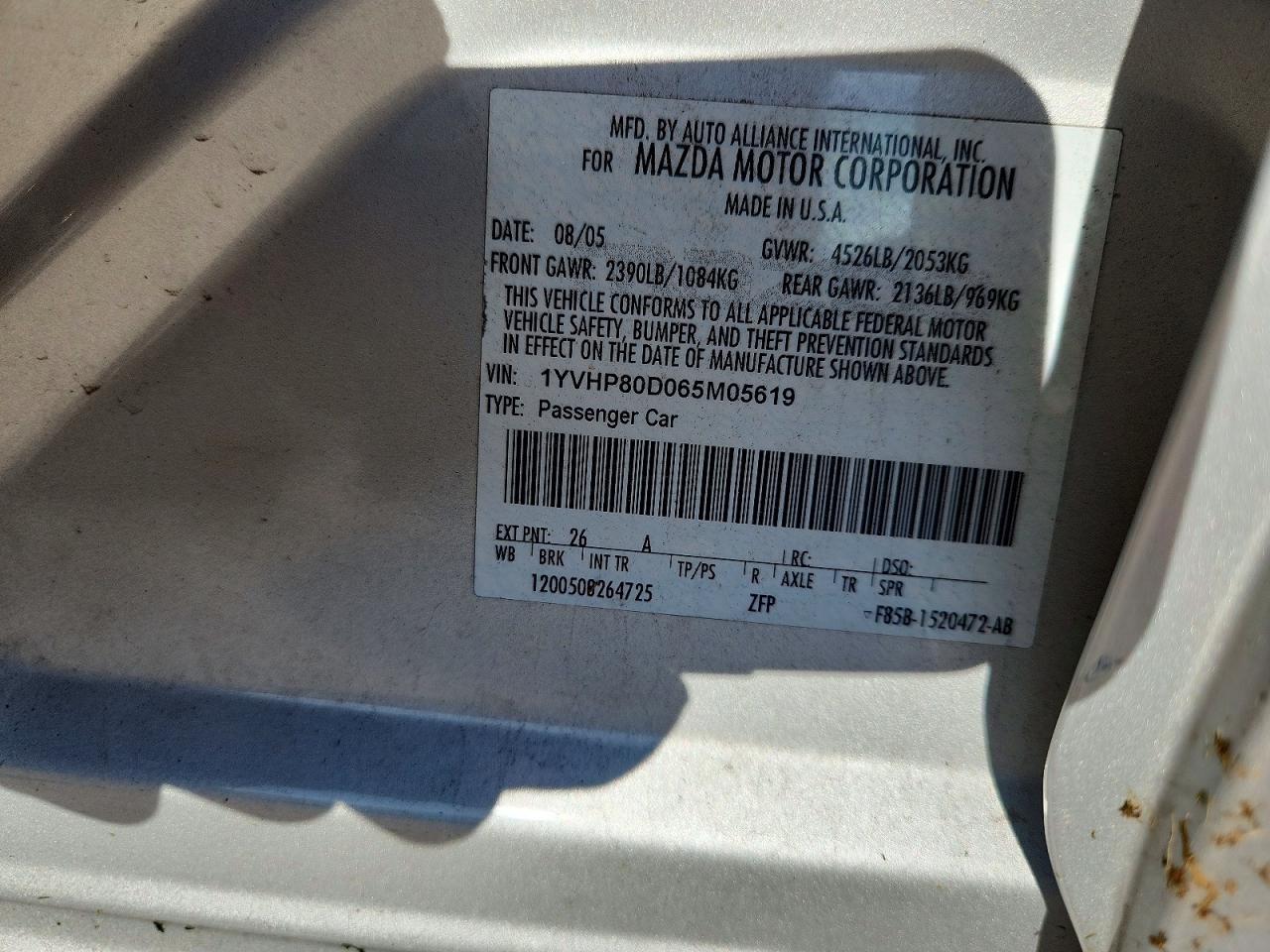 2006 Mazda 6 S Silver vin: 1YVHP80D065M05619
