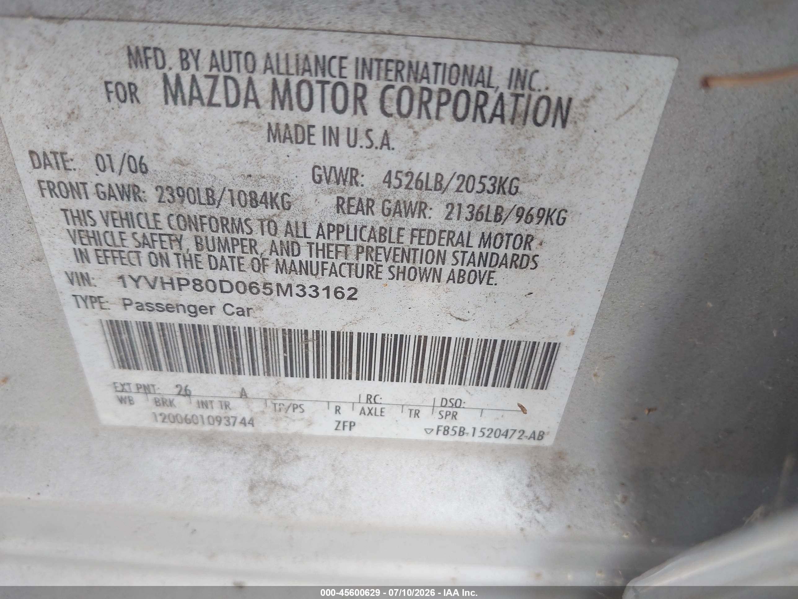 2006 Mazda Mazda6 Sport S Silver vin: 1YVHP80D065M33162