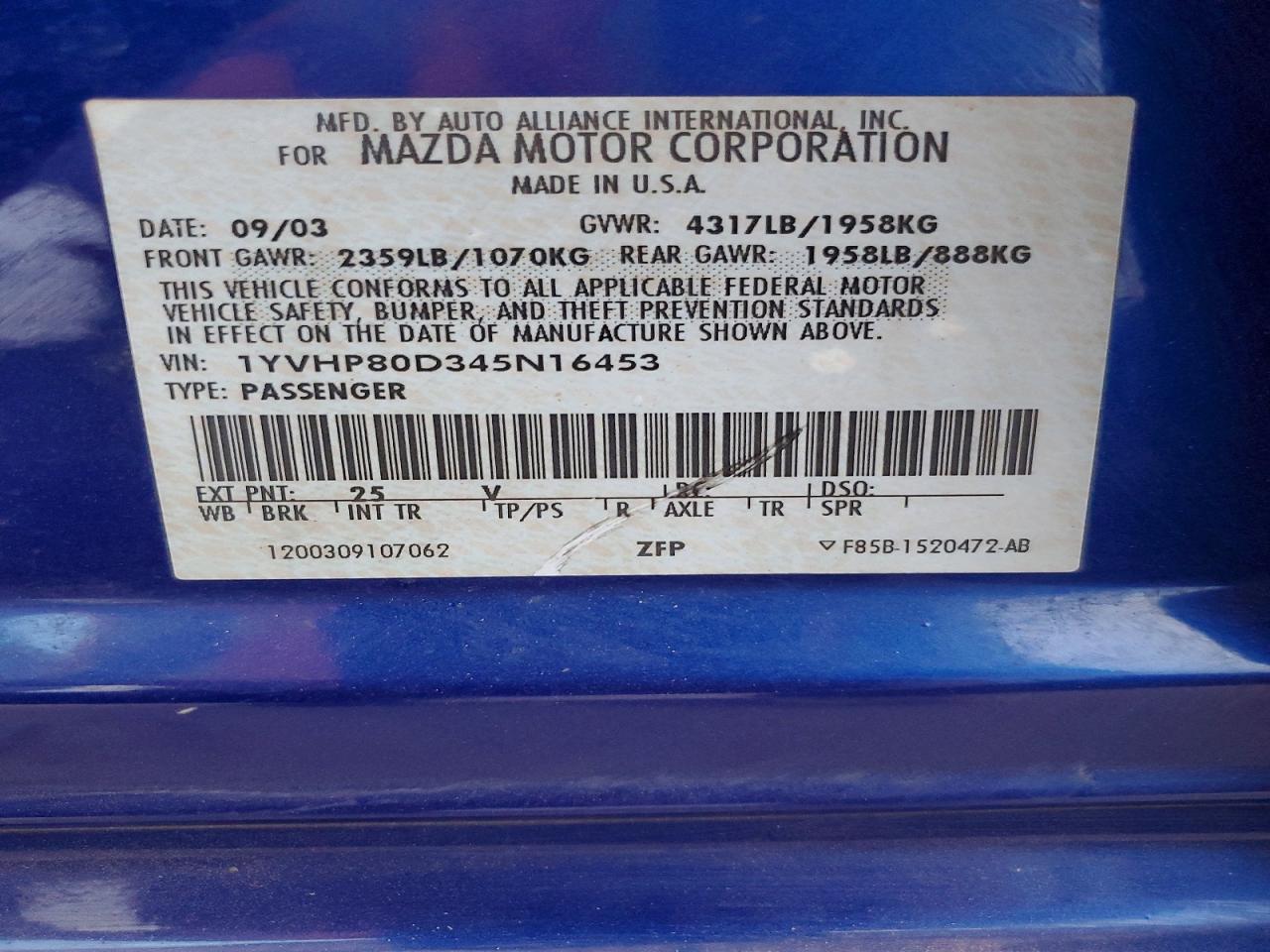 2004 Mazda 6 S Blue vin: 1YVHP80D345N16453