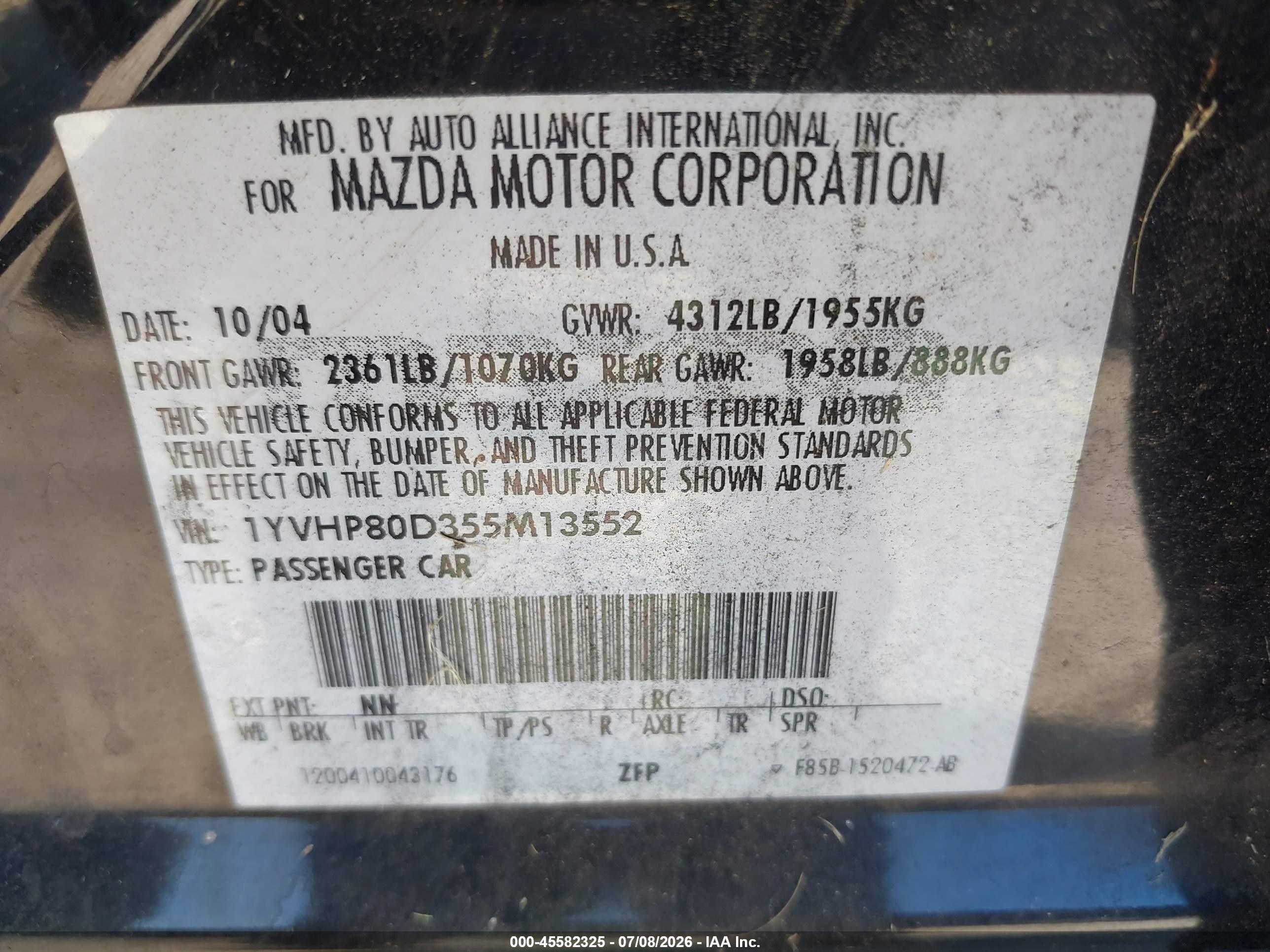 2005 Mazda Mazda6 S Sport Black vin: 1YVHP80D355M13552