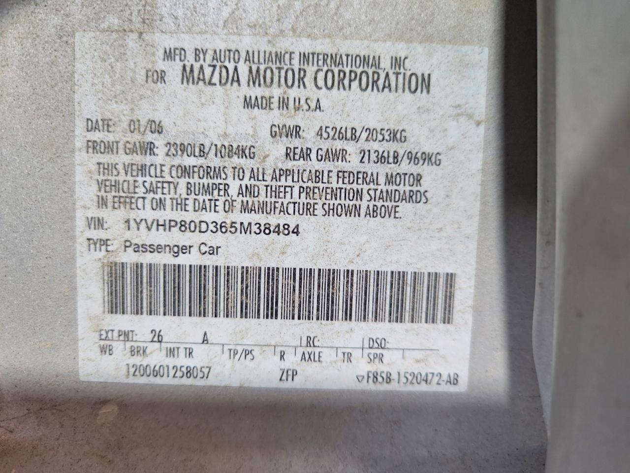 2006 Mazda 6 S Silver vin: 1YVHP80D365M38484