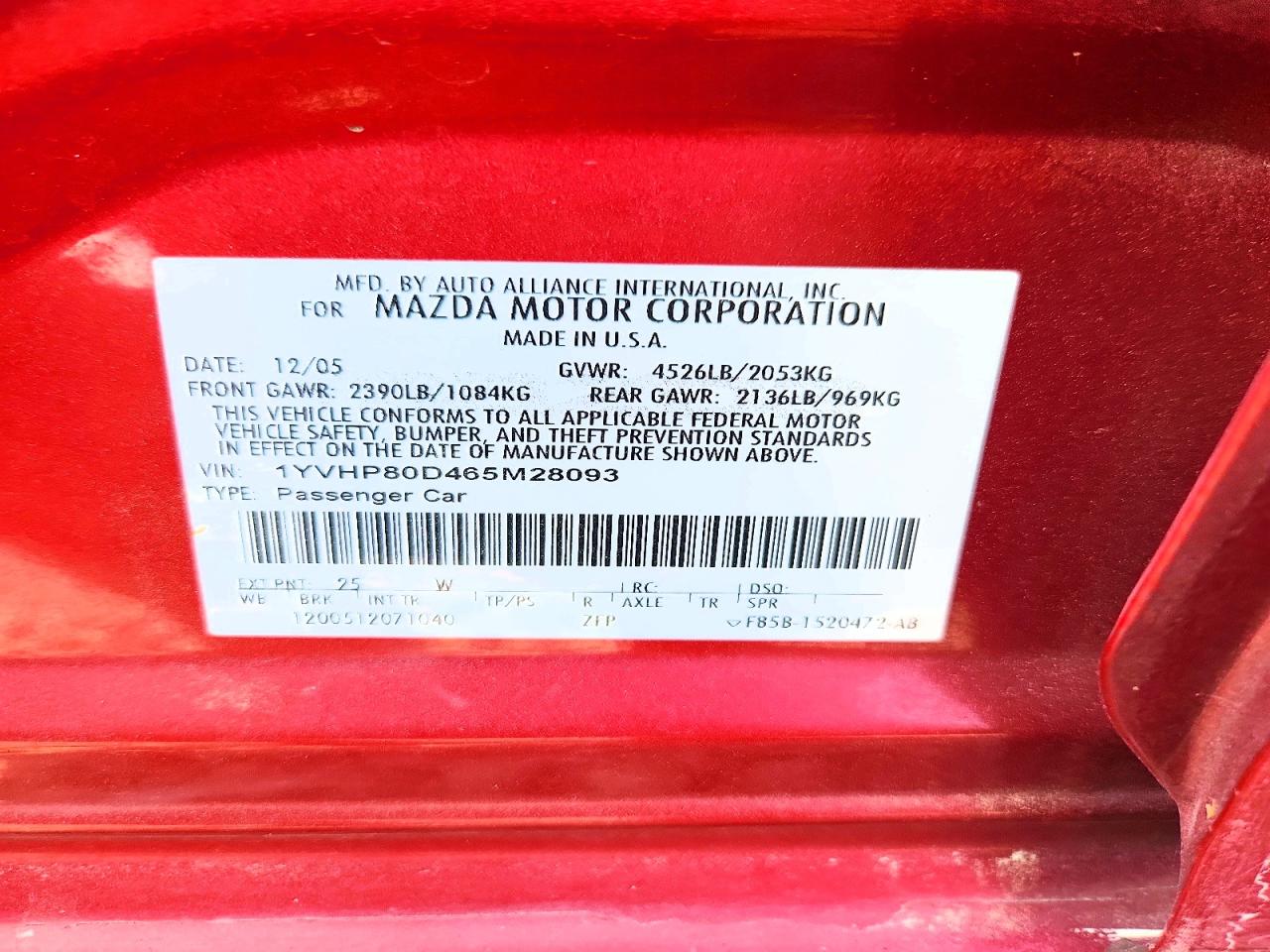 2006 Mazda 6 S Red vin: 1YVHP80D465M28093