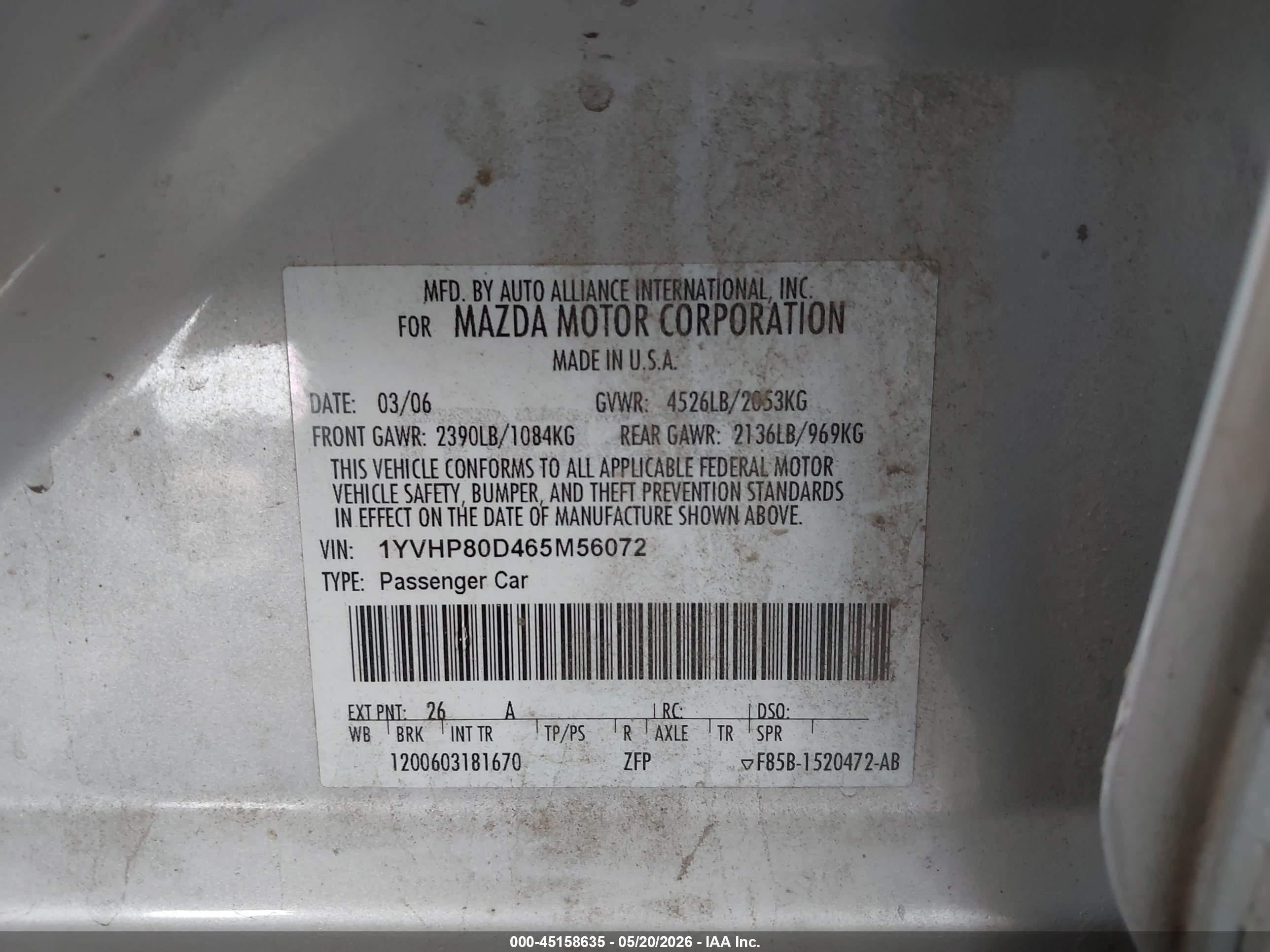 2006 Mazda Mazda6 S Серебряный vin: 1YVHP80D465M56072