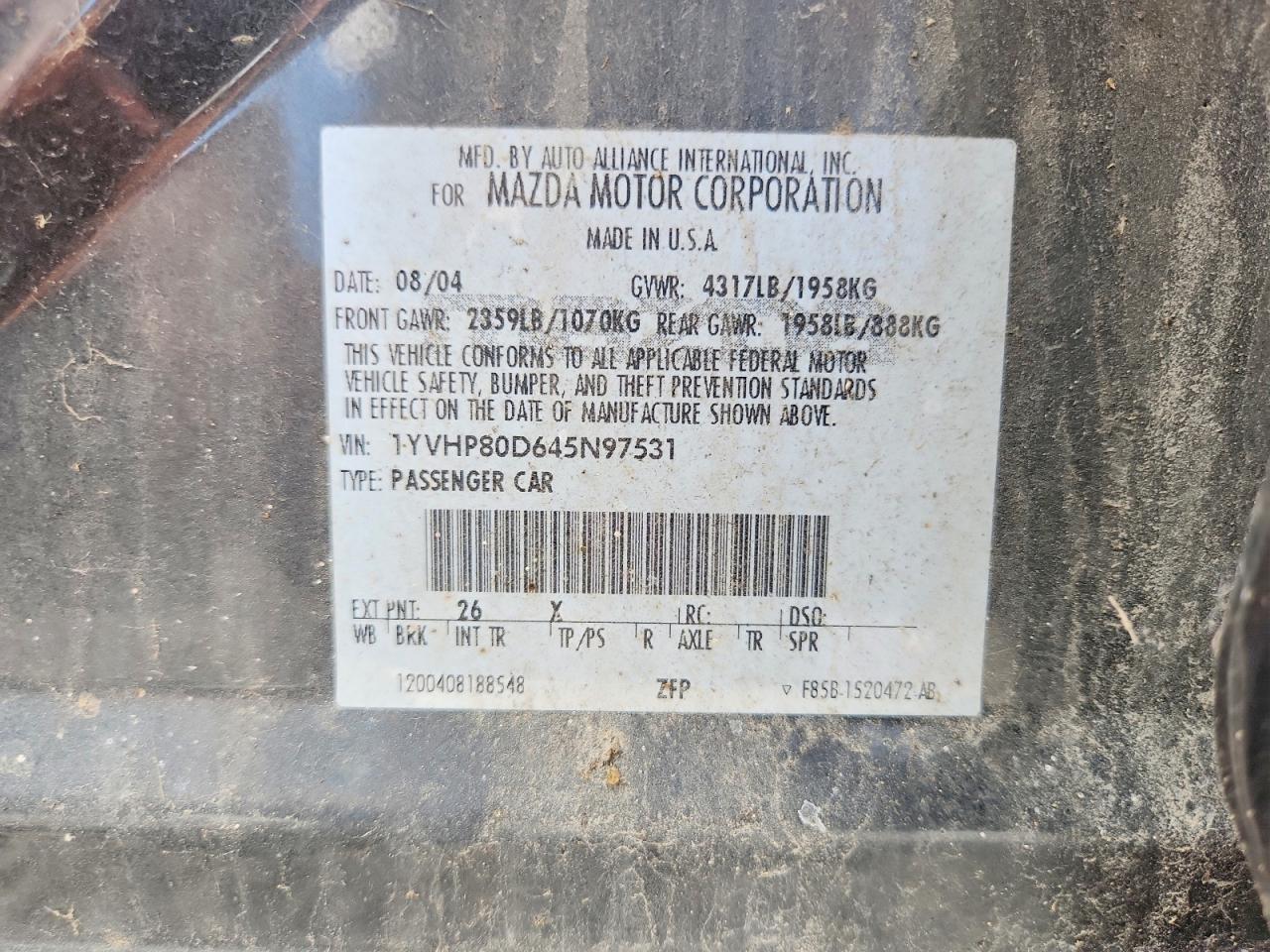 2004 Mazda 6 S Gray vin: 1YVHP80D645N97531