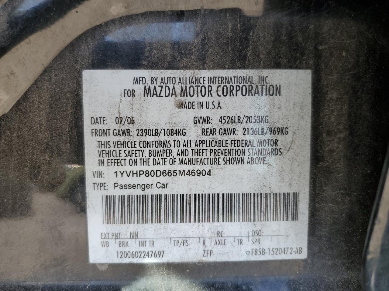 Price & History 2006 Mazda 6 S 3.0l 6 vin: 1YVHP80D665M46904