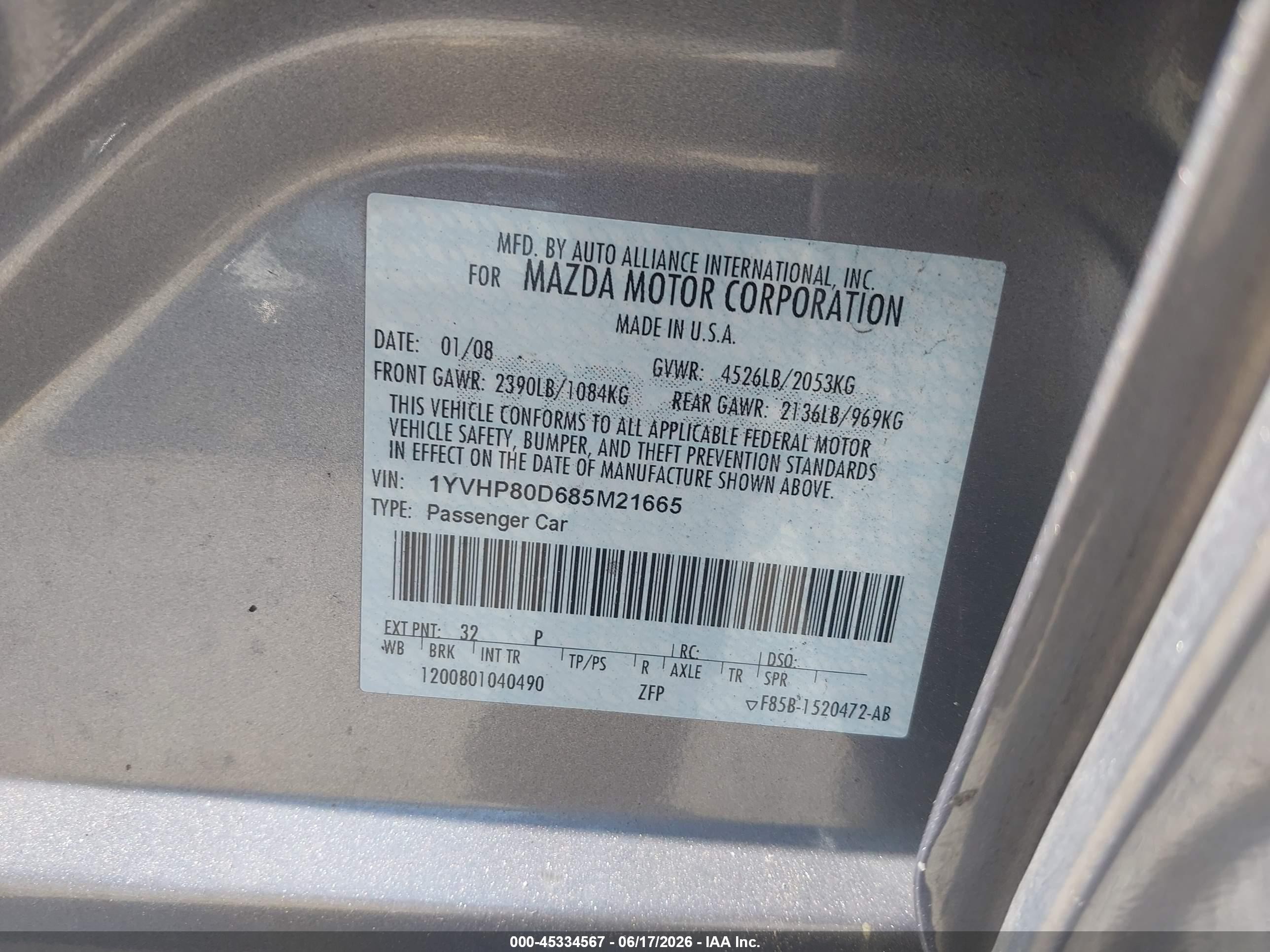 2008 Mazda Mazda6 S Sport Ve Silver vin: 1YVHP80D685M21665