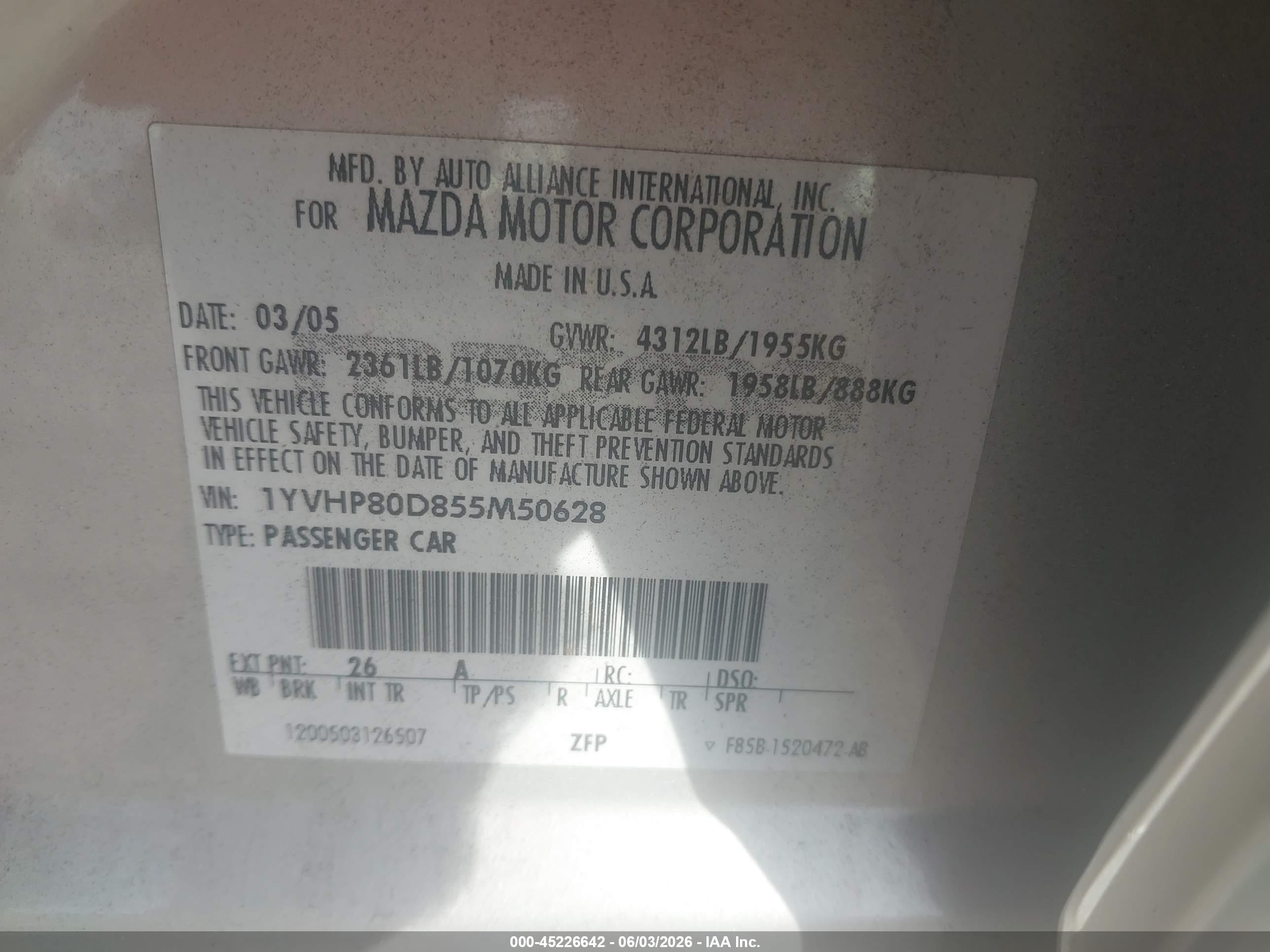 2005 Mazda Mazda6 S Sport Серебряный vin: 1YVHP80D855M50628