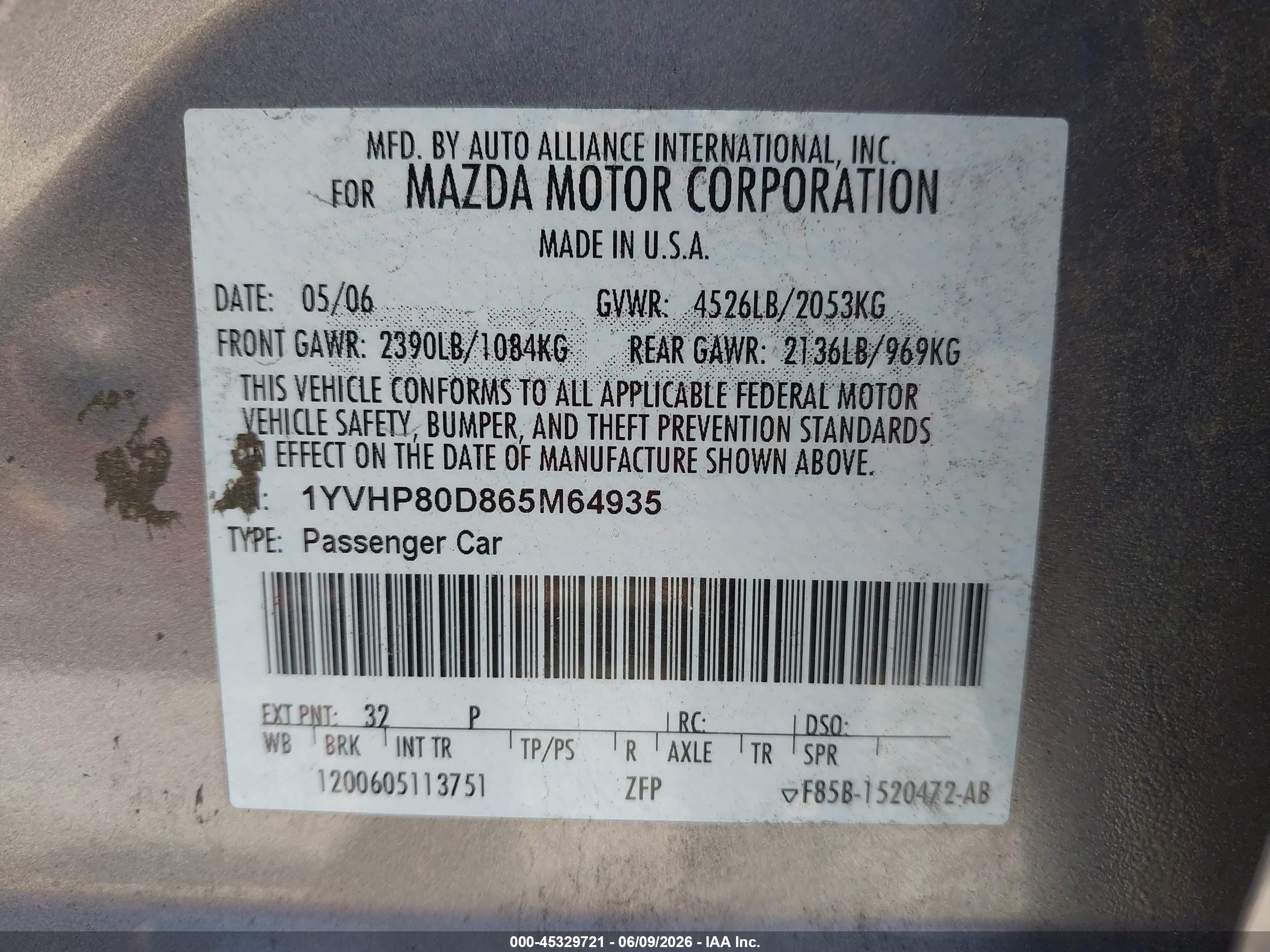 2006 Mazda Mazda6 S Purple vin: 1YVHP80D865M64935