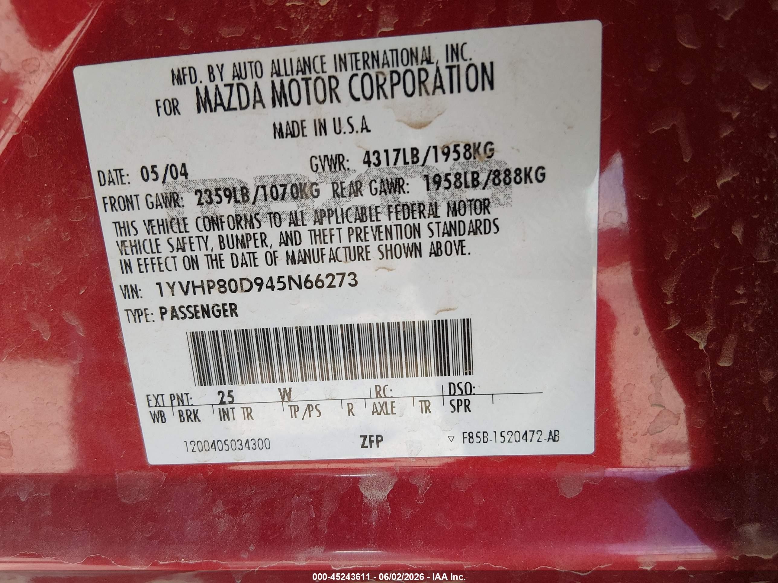 2004 Mazda Mazda6 S Red vin: 1YVHP80D945N66273