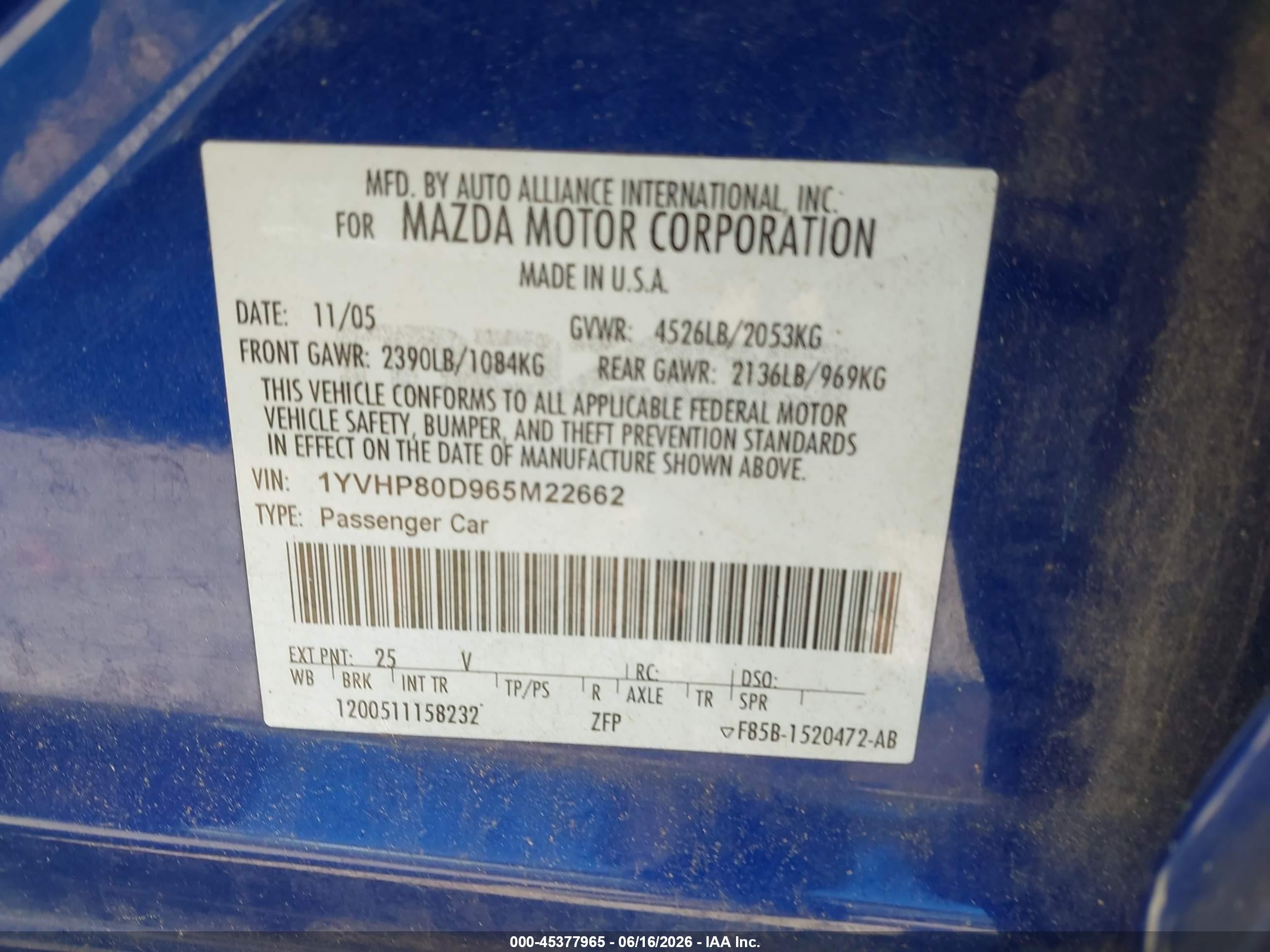 2006 Mazda Mazda6 S Blue vin: 1YVHP80D965M22662