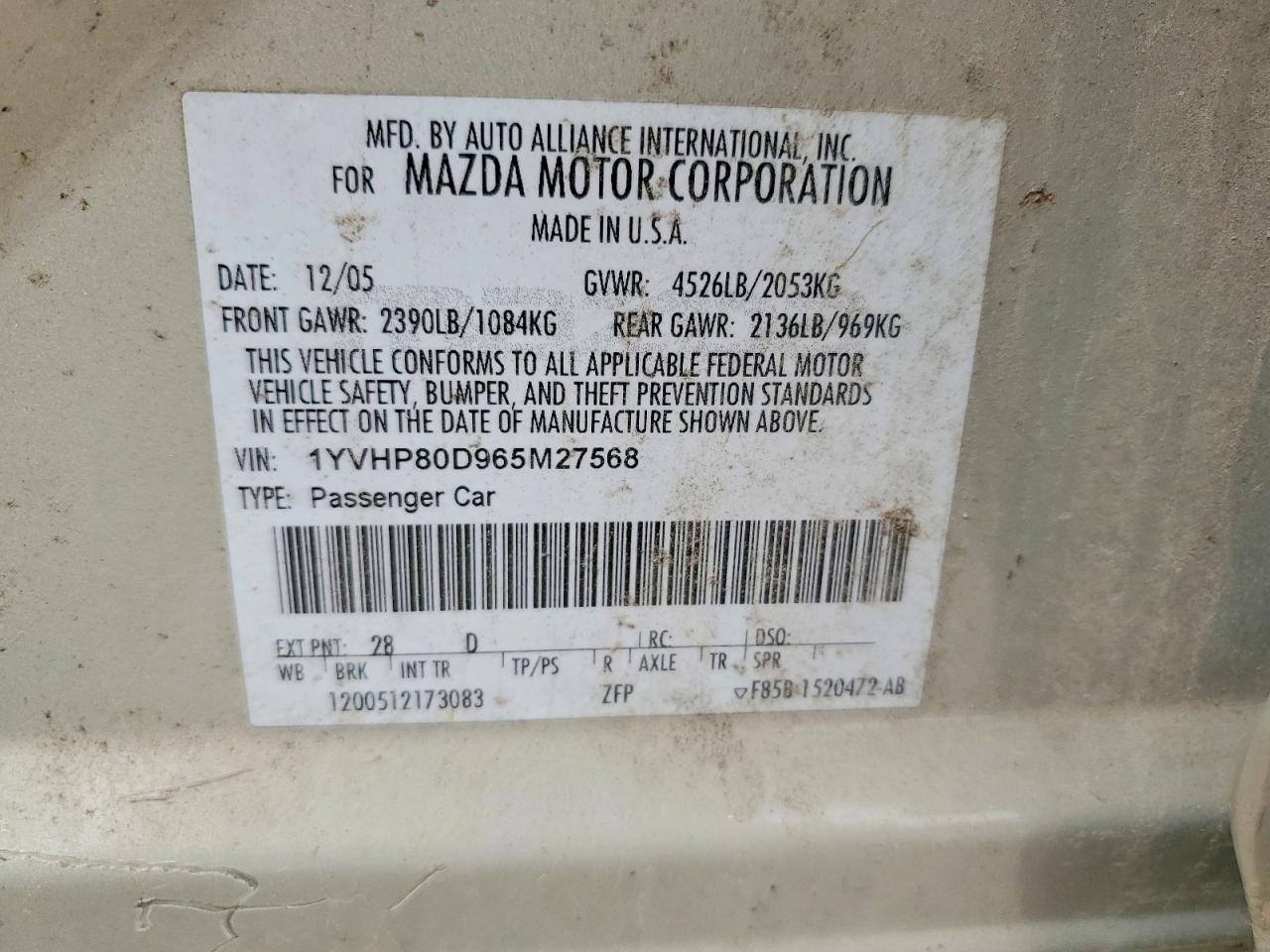2006 Mazda 6 S Silver vin: 1YVHP80D965M27568