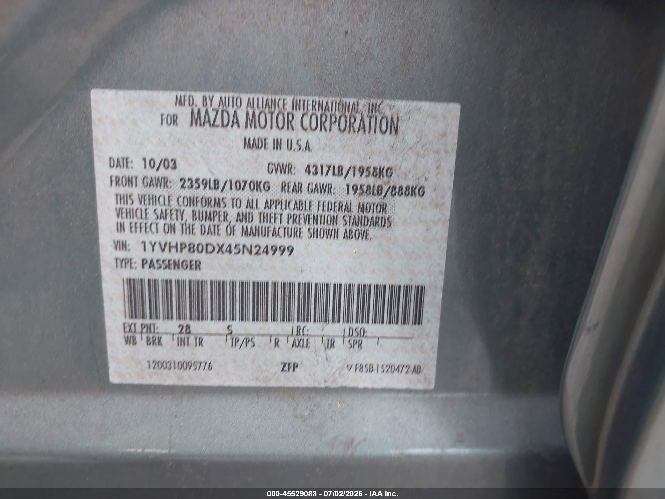 2004 Mazda Mazda6 S Teal vin: 1YVHP80DX45N24999