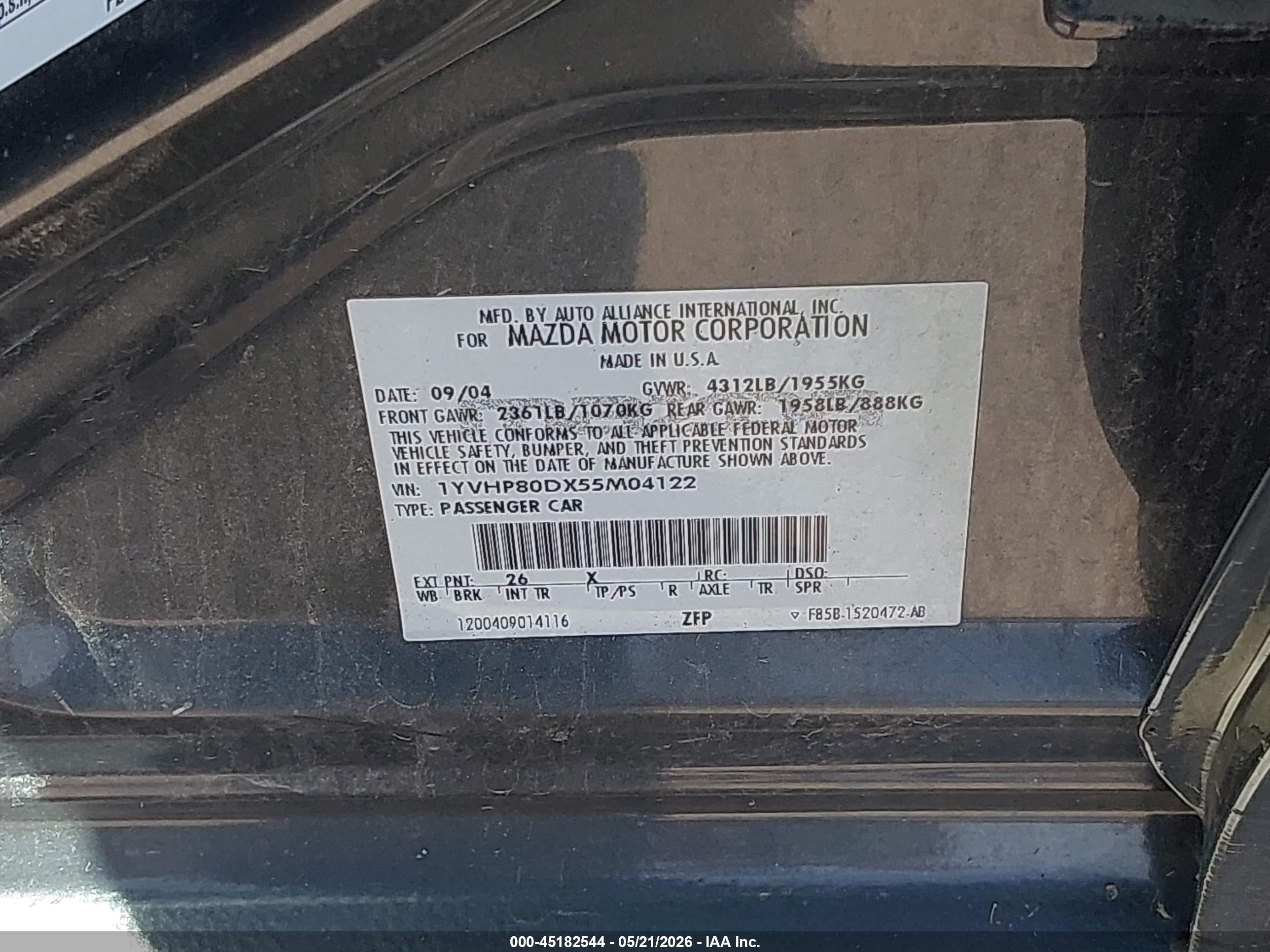 2005 Mazda Mazda6 S Grand Touring Gray vin: 1YVHP80DX55M04122