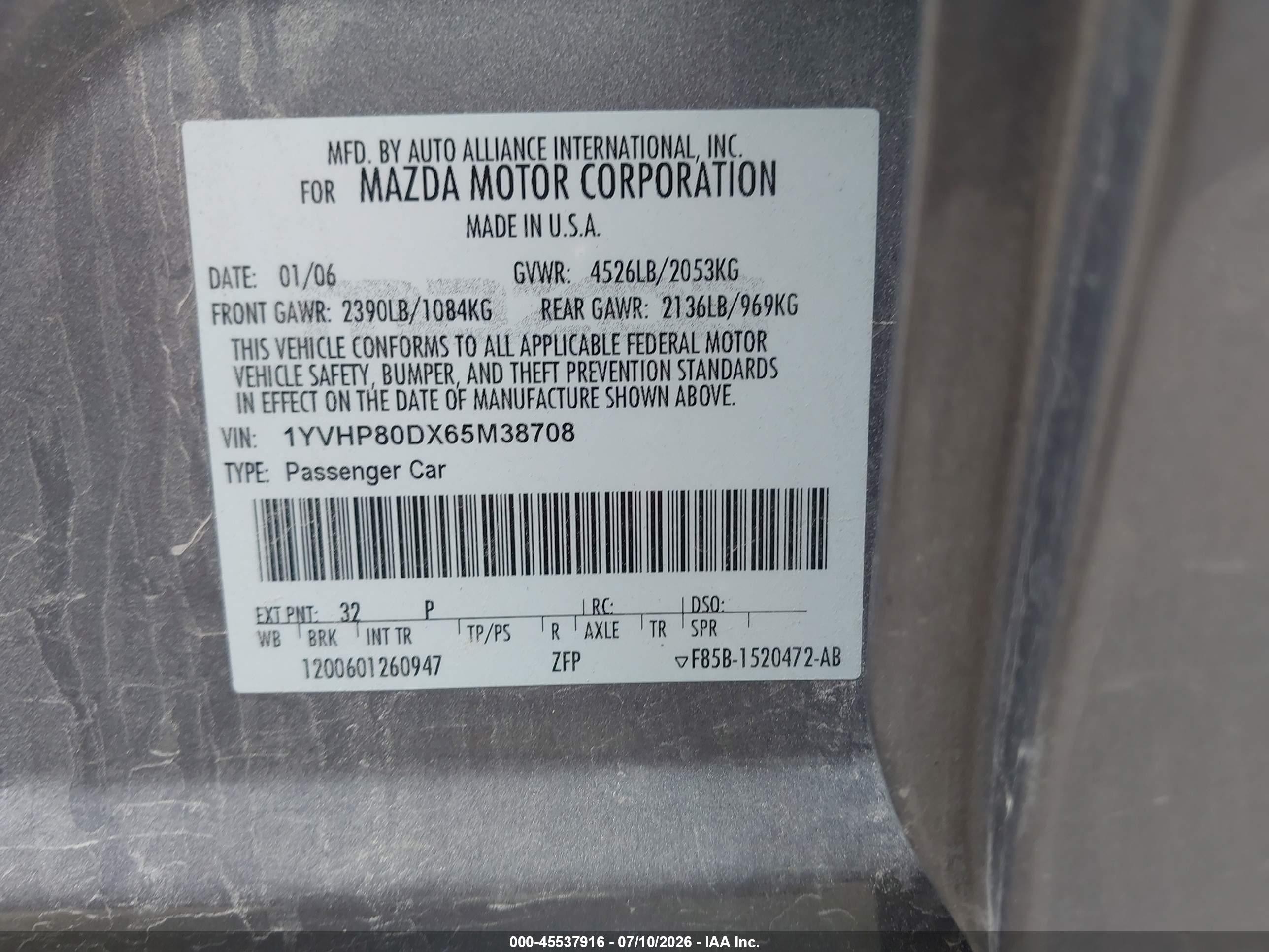 2006 Mazda Mazda6 Sport S Gray vin: 1YVHP80DX65M38708