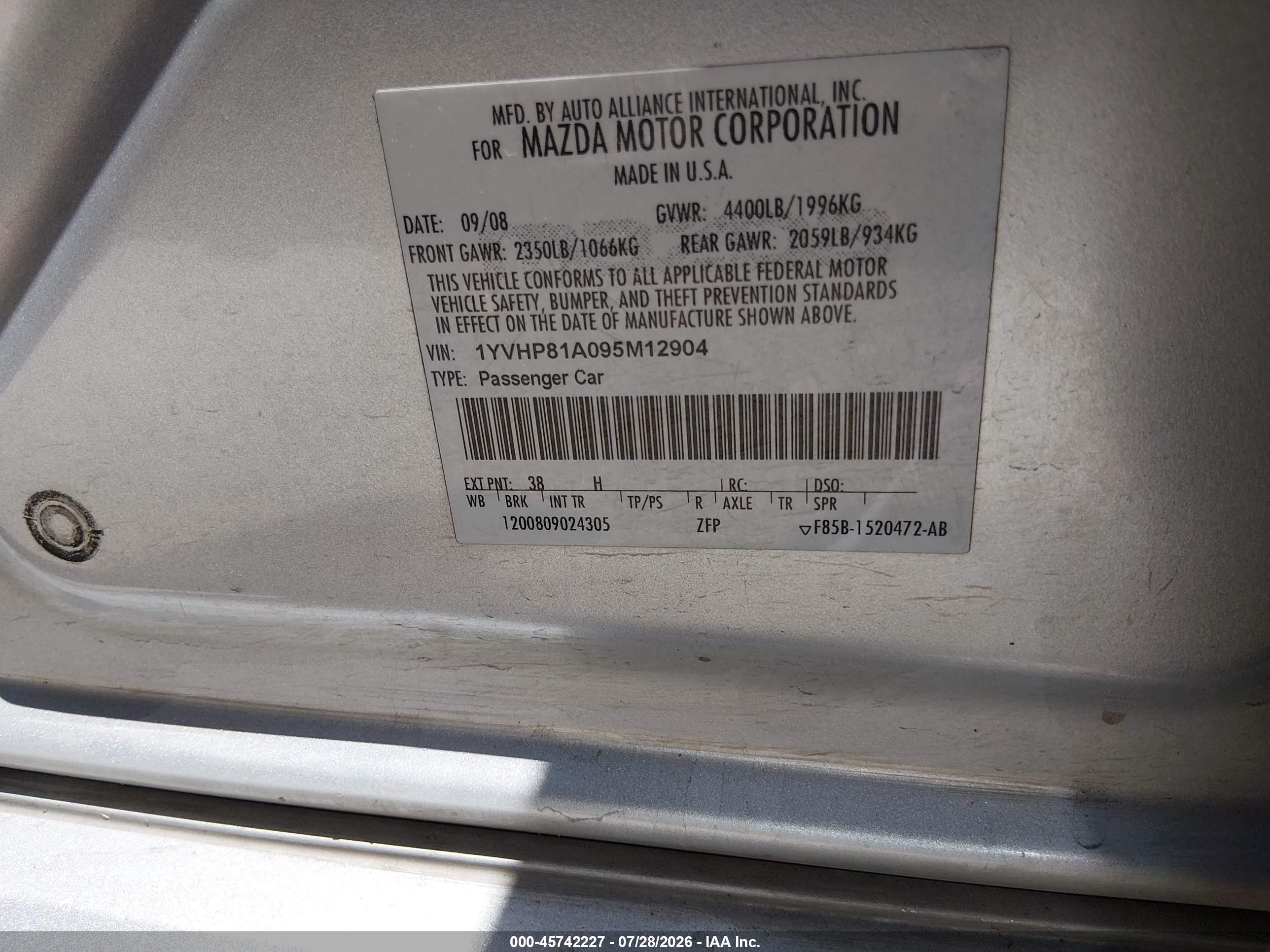 2009 Mazda Mazda6 I Sport Серебряный vin: 1YVHP81A095M12904