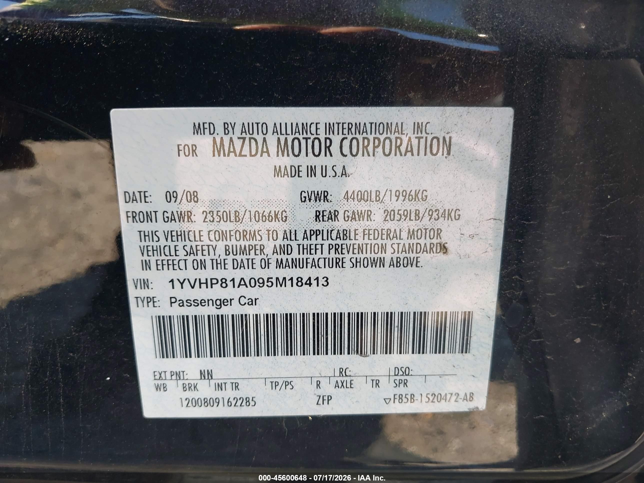 2009 Mazda Mazda6 I Sport Черный vin: 1YVHP81A095M18413