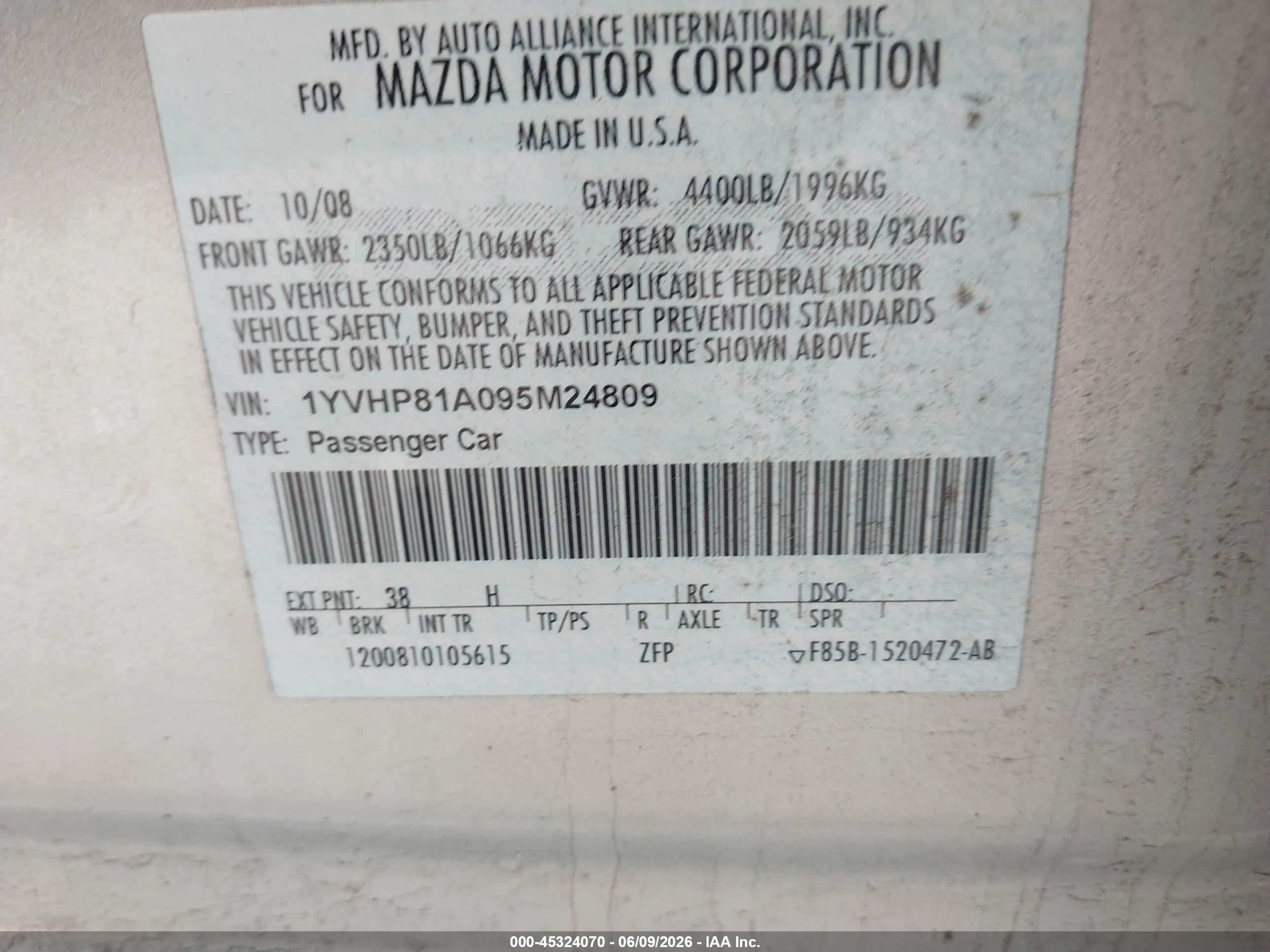 2009 Mazda Mazda6 I Sport Silver vin: 1YVHP81A095M24809