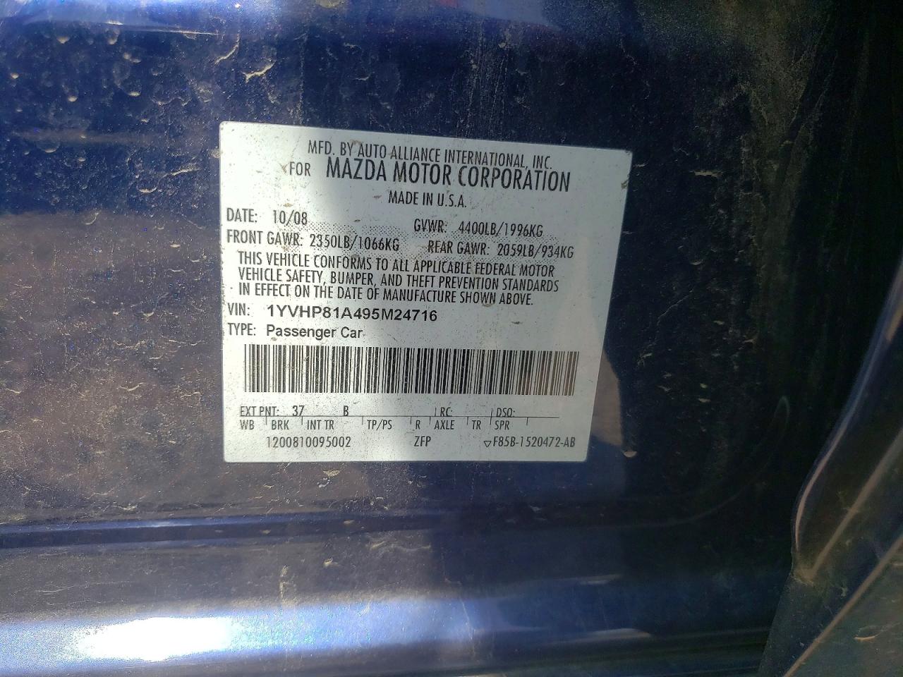 2009 Mazda 6 I Blue vin: 1YVHP81A495M24716