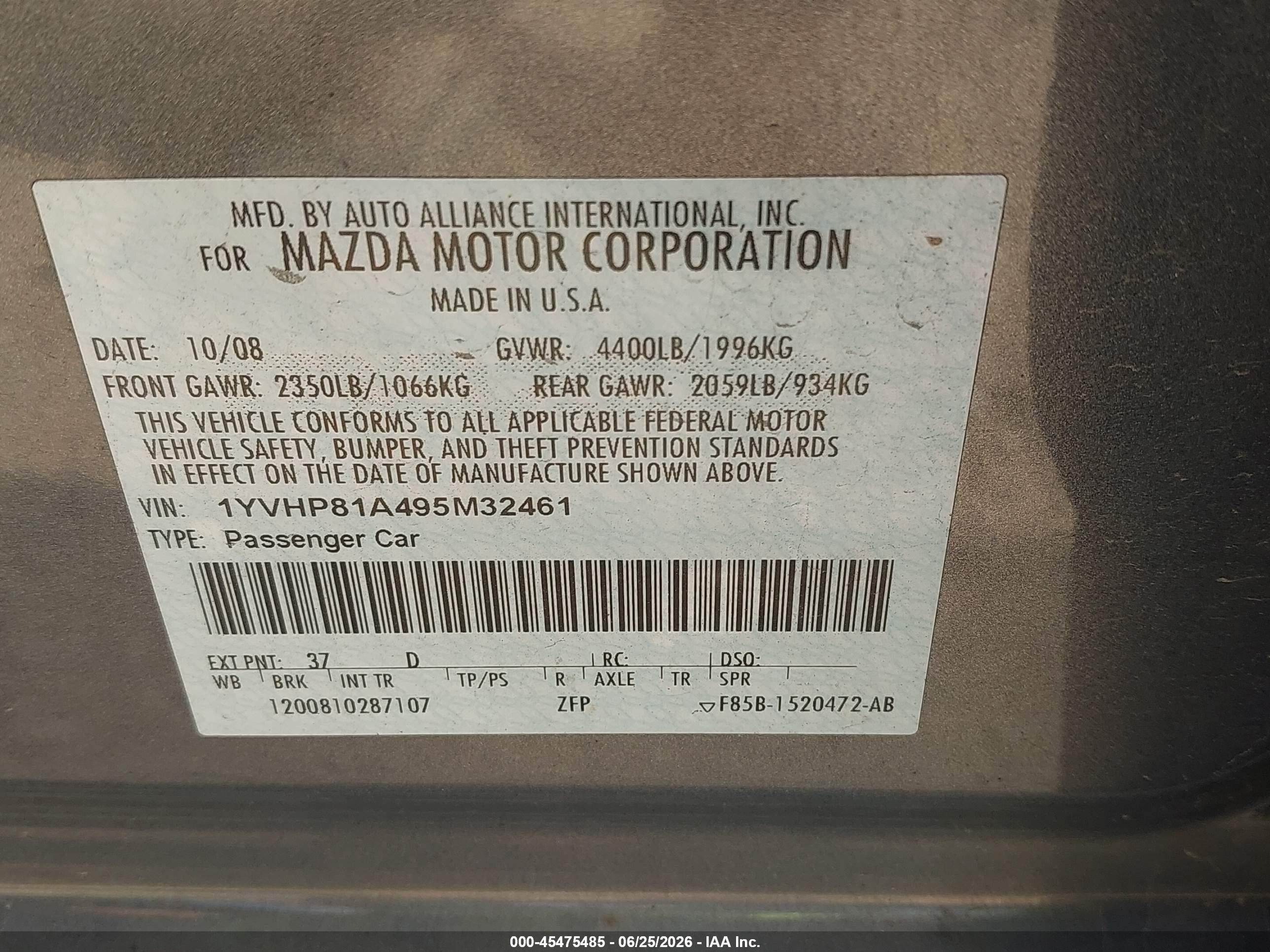 2009 Mazda Mazda6 I Sport Gray vin: 1YVHP81A495M32461