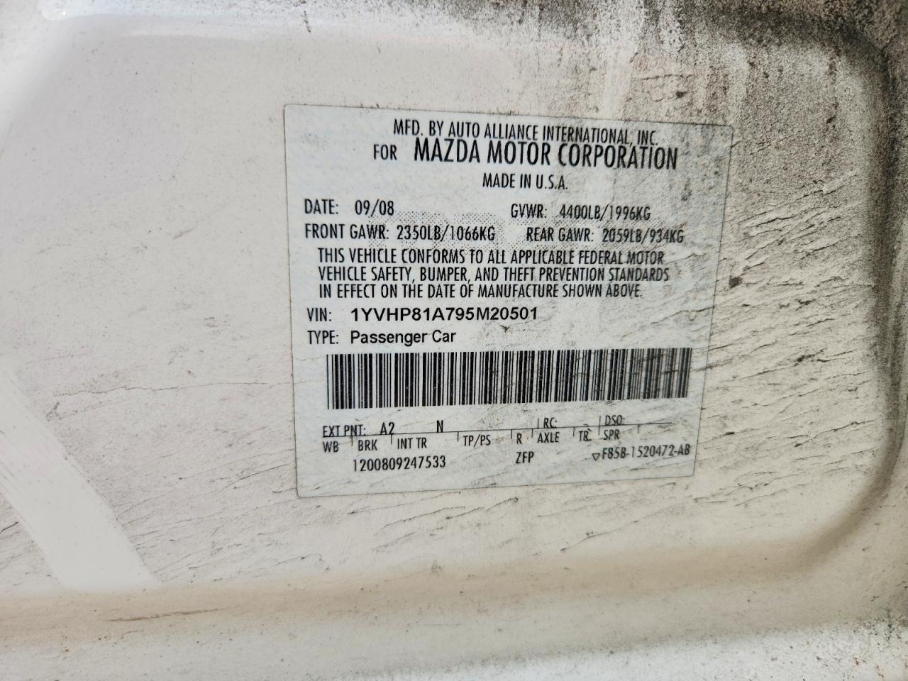 2009 Mazda 6 I White vin: 1YVHP81A795M20501