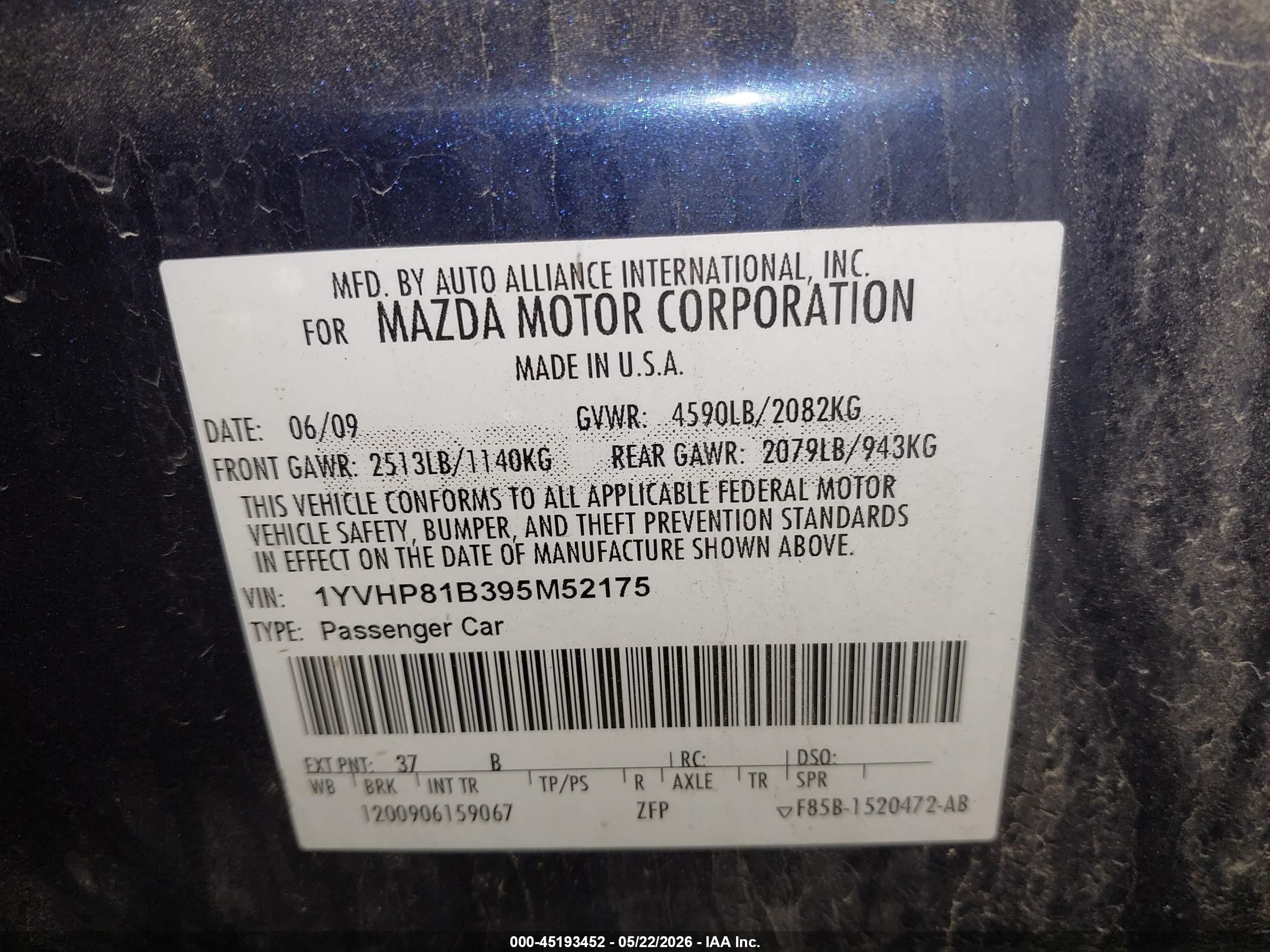 2009 Mazda Mazda6 S Sport Blue vin: 1YVHP81B395M52175