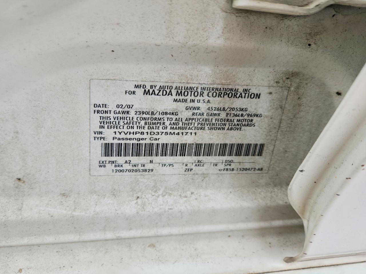 2007 Mazda 6 S White vin: 1YVHP81D375M41711