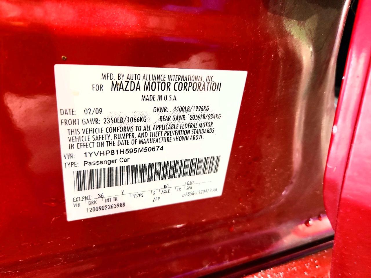 2009 Mazda 6 I Red vin: 1YVHP81H595M50674
