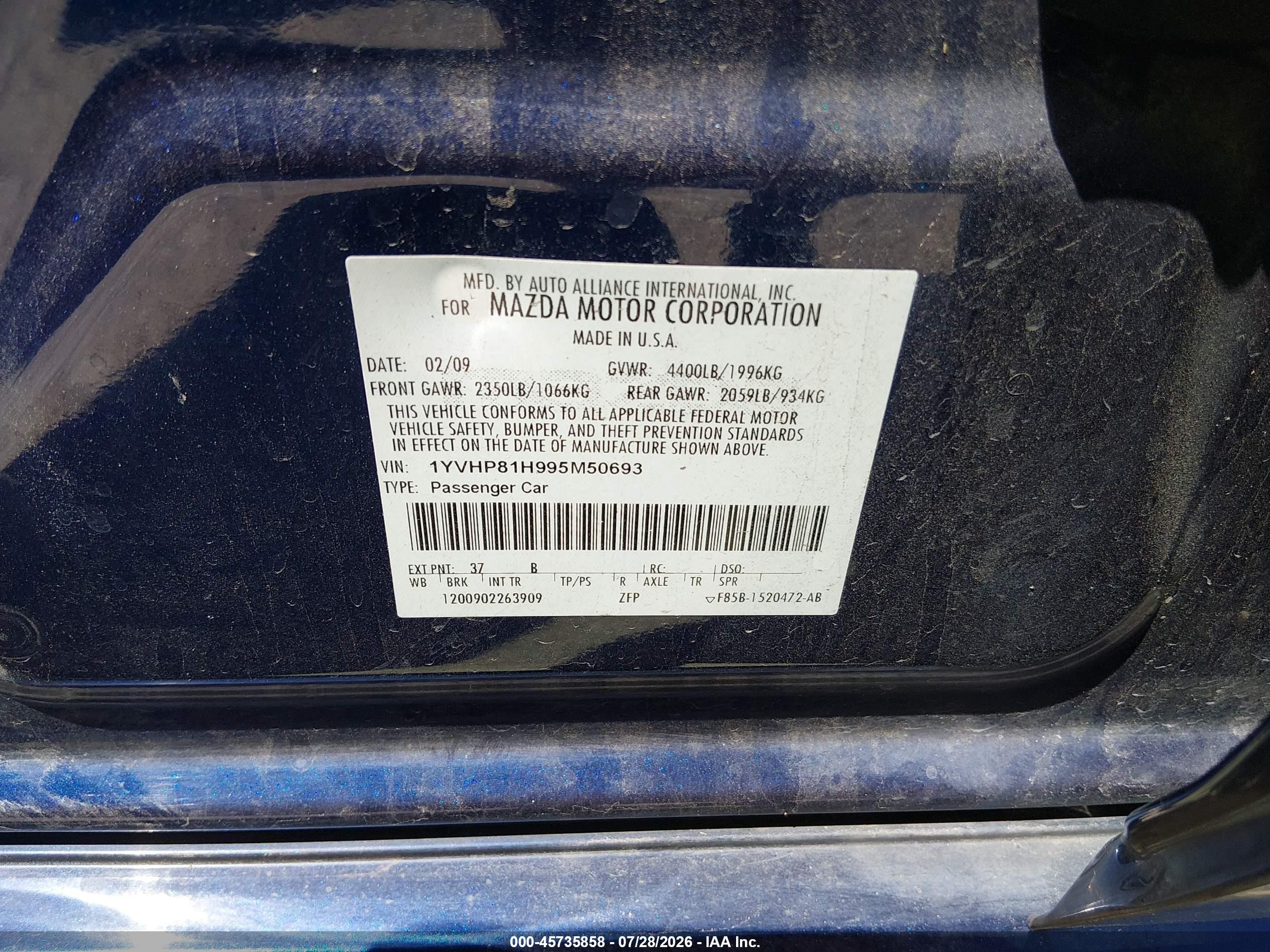 2009 Mazda Mazda6 I Sport Blue vin: 1YVHP81H995M50693