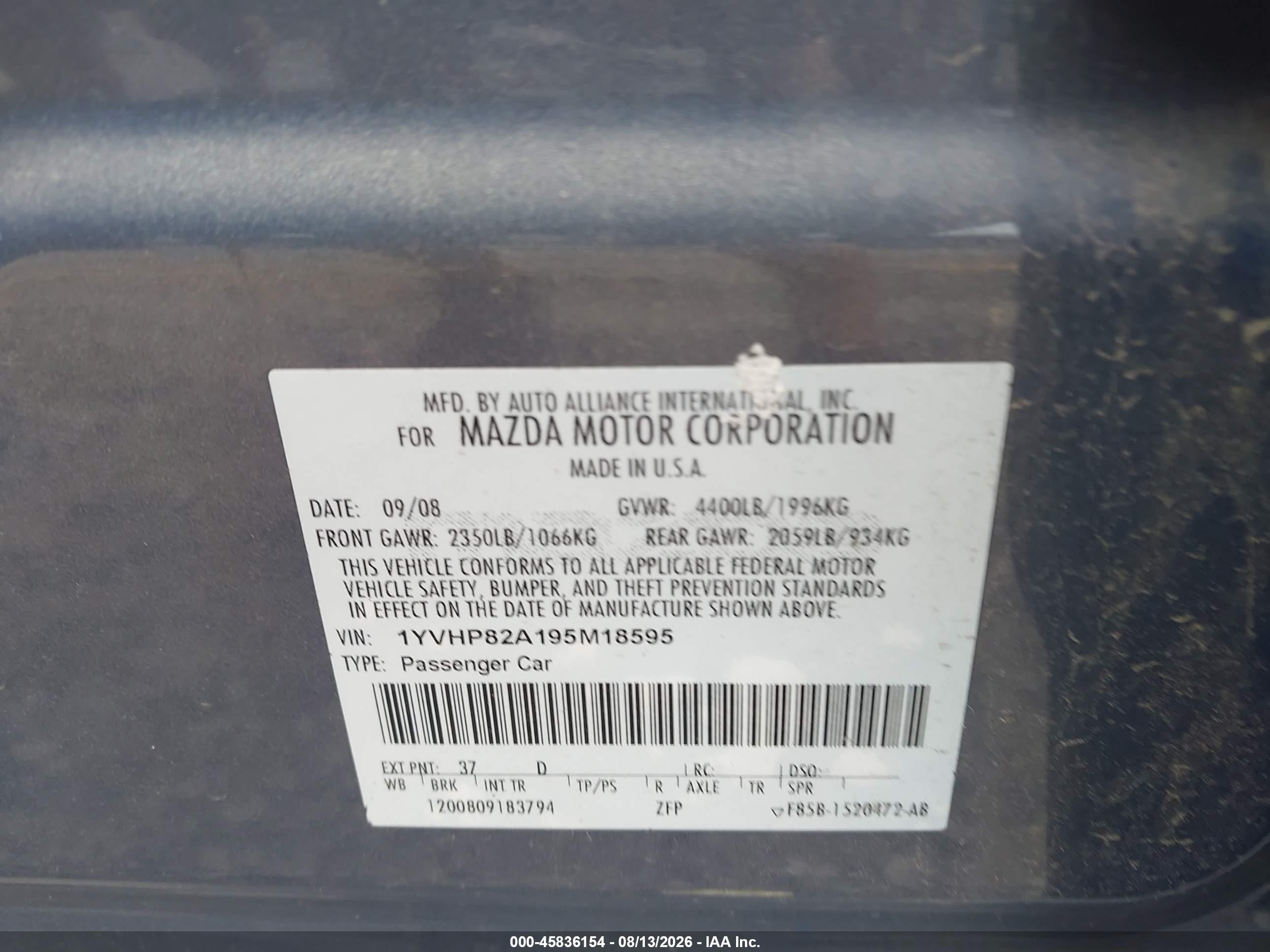2009 Mazda Mazda6 I Touring Gray vin: 1YVHP82A195M18595