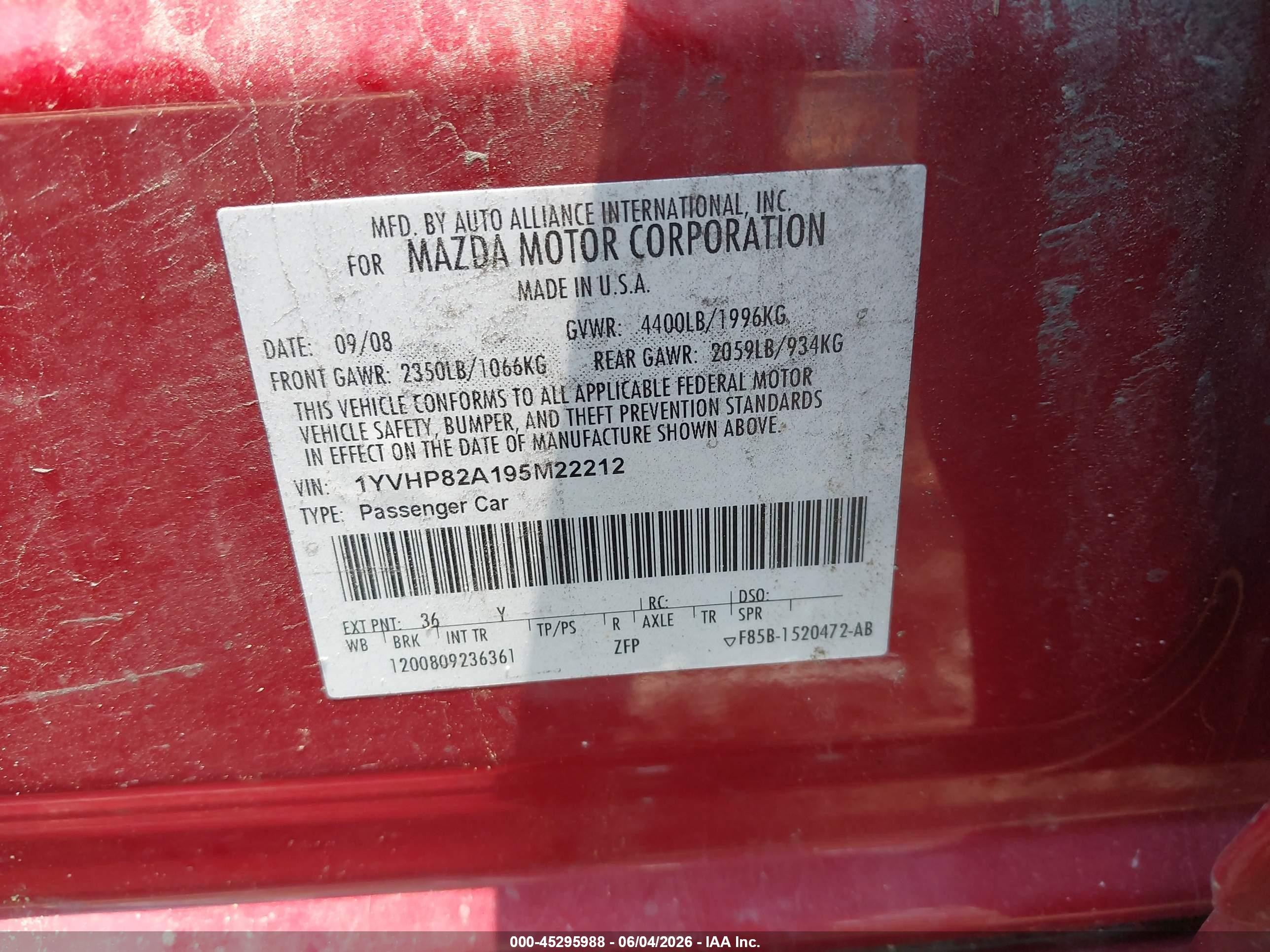 2009 Mazda Mazda6 I Grand Touring Red vin: 1YVHP82A195M22212