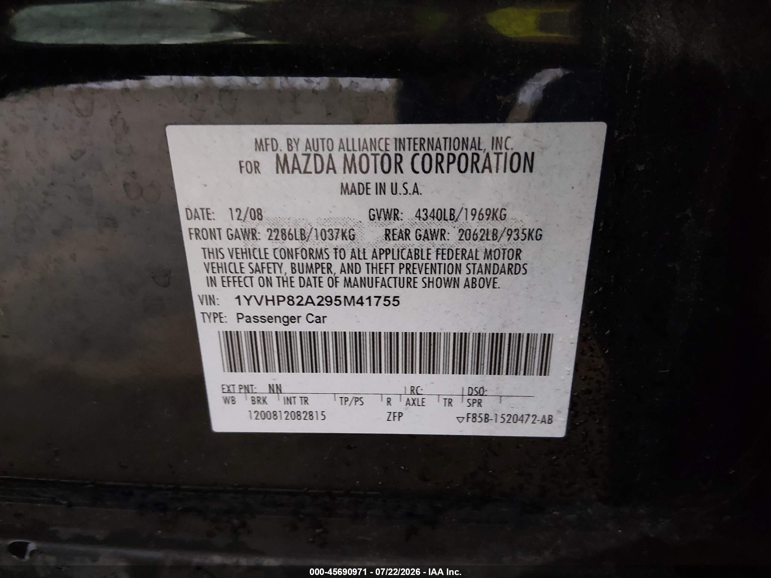 2009 Mazda Mazda6 I Touring Black vin: 1YVHP82A295M41755