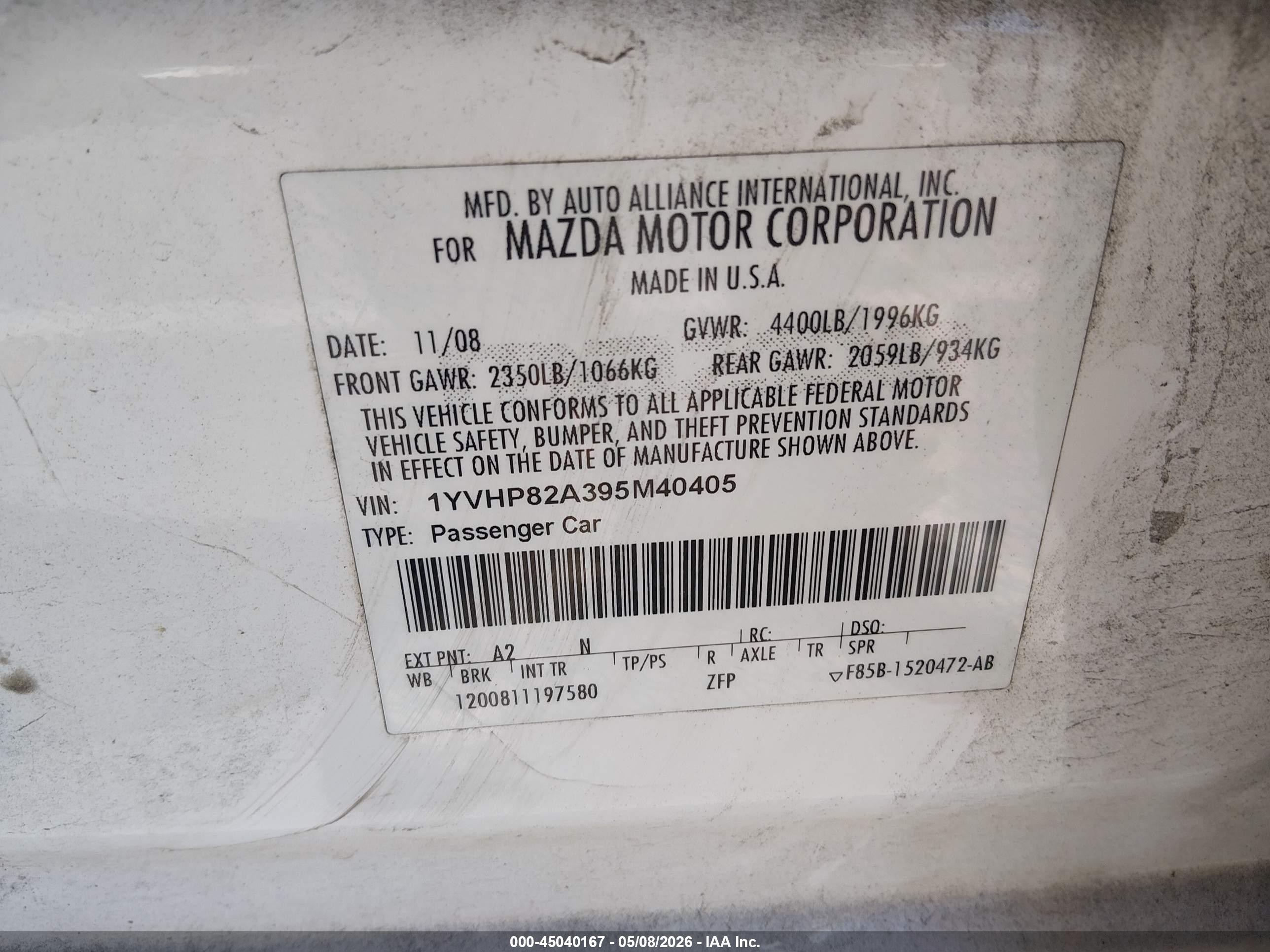 2009 Mazda Mazda6 I Touring White vin: 1YVHP82A395M40405
