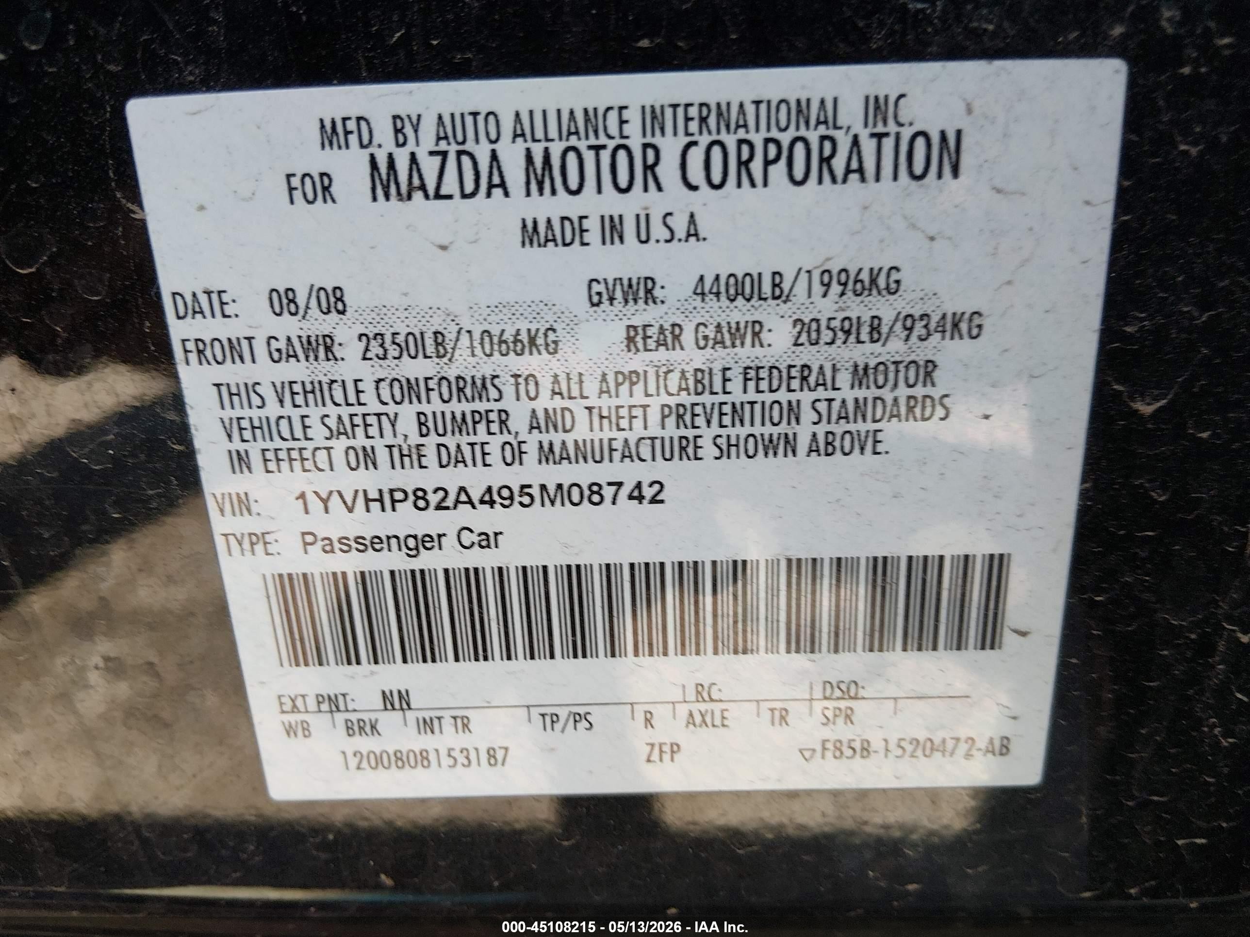 2009 Mazda Mazda6 I Touring Черный vin: 1YVHP82A495M08742