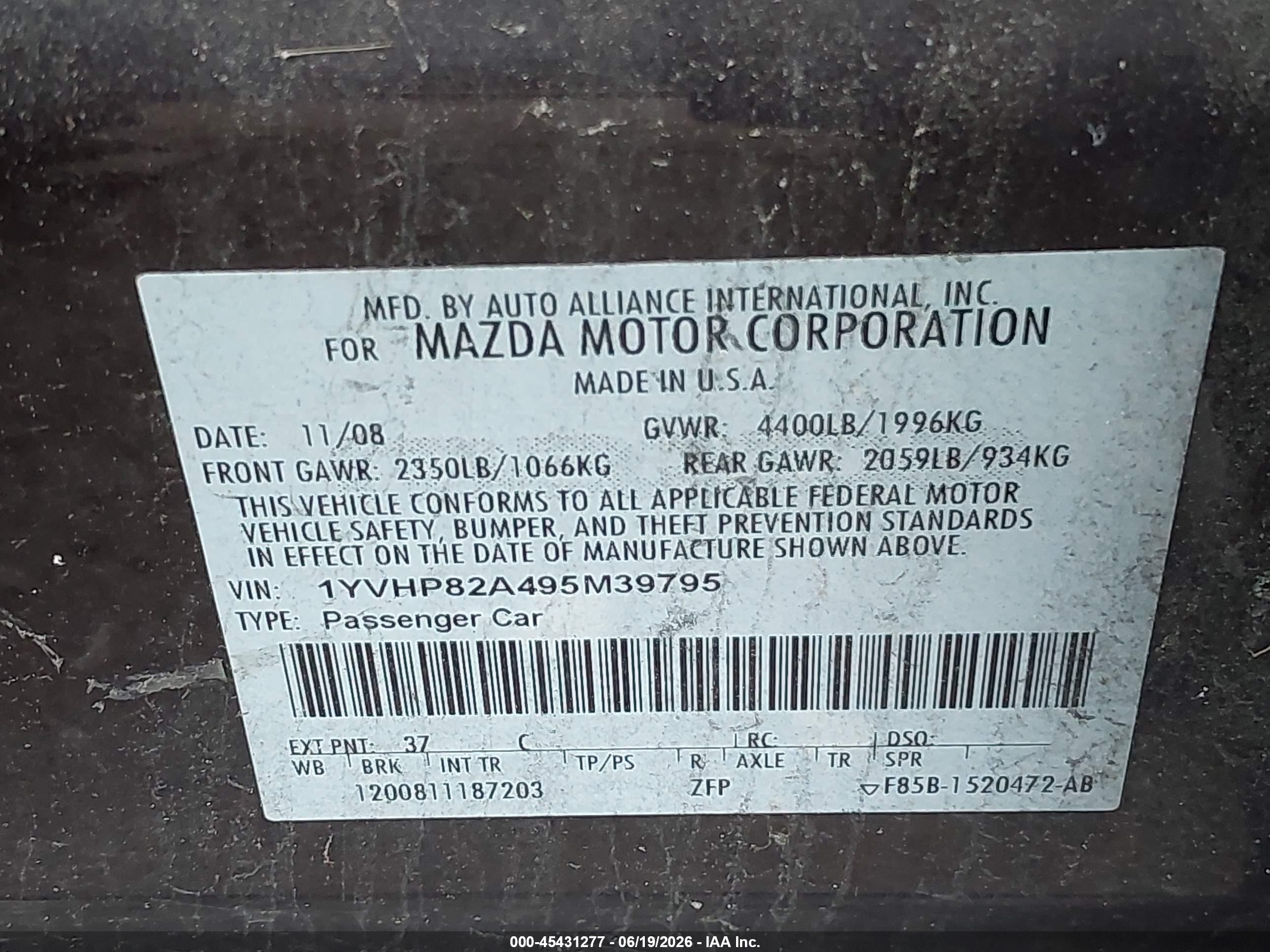 2009 Mazda Mazda6 I Touring Burgundy vin: 1YVHP82A495M39795
