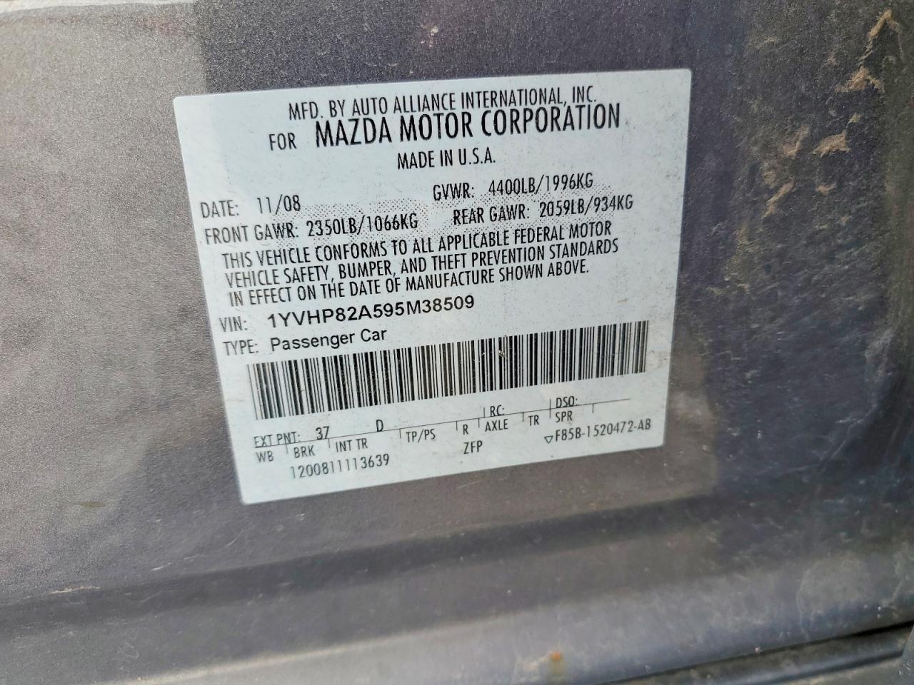 2009 Mazda 6 I Charcoal vin: 1YVHP82A595M38509