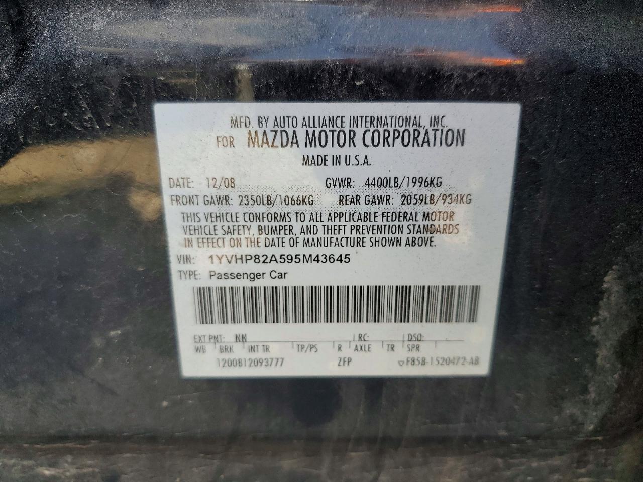 2009 Mazda 6 I Black vin: 1YVHP82A595M43645