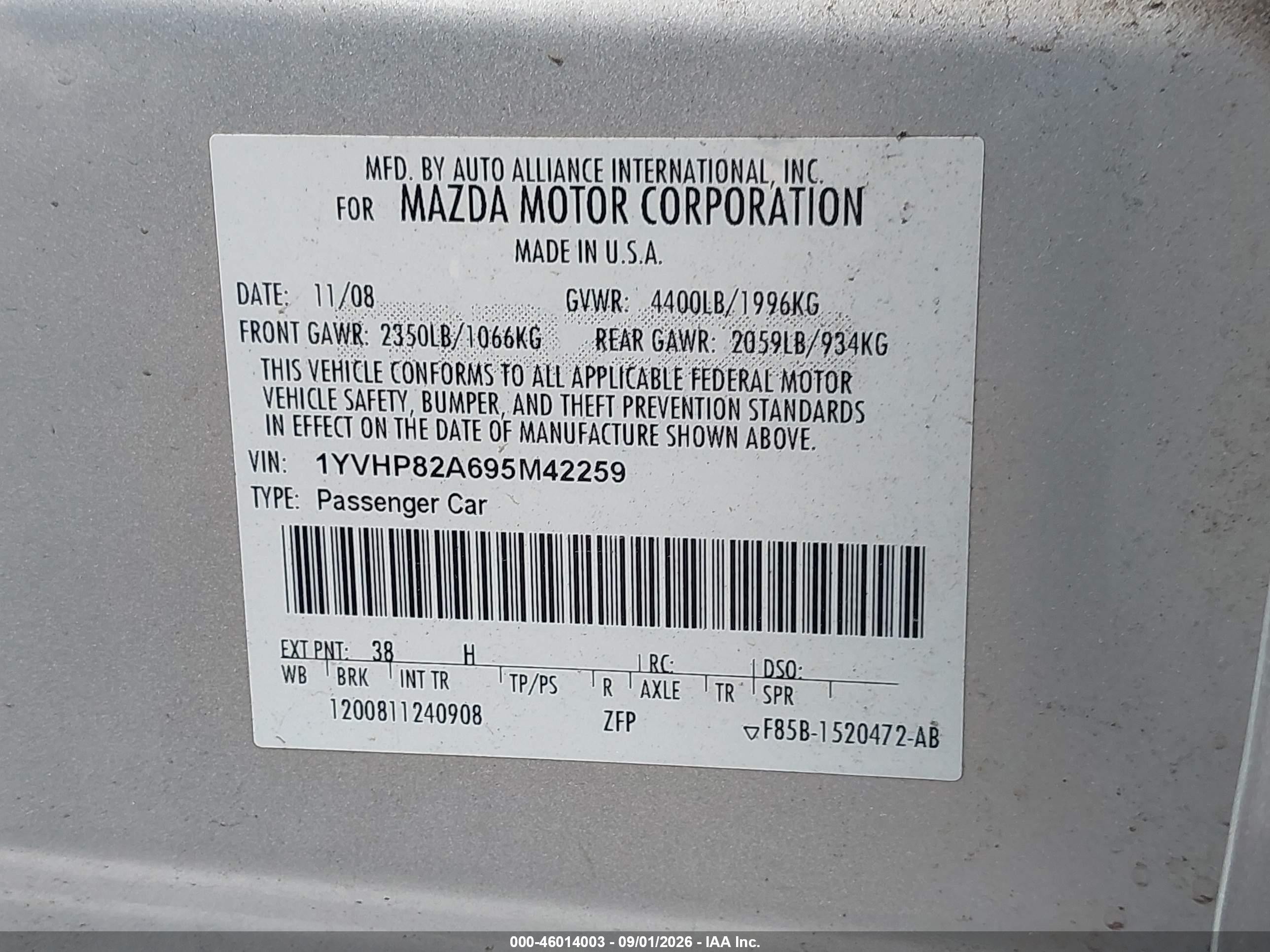 2009 Mazda Mazda6 I Touring Silver vin: 1YVHP82A695M42259
