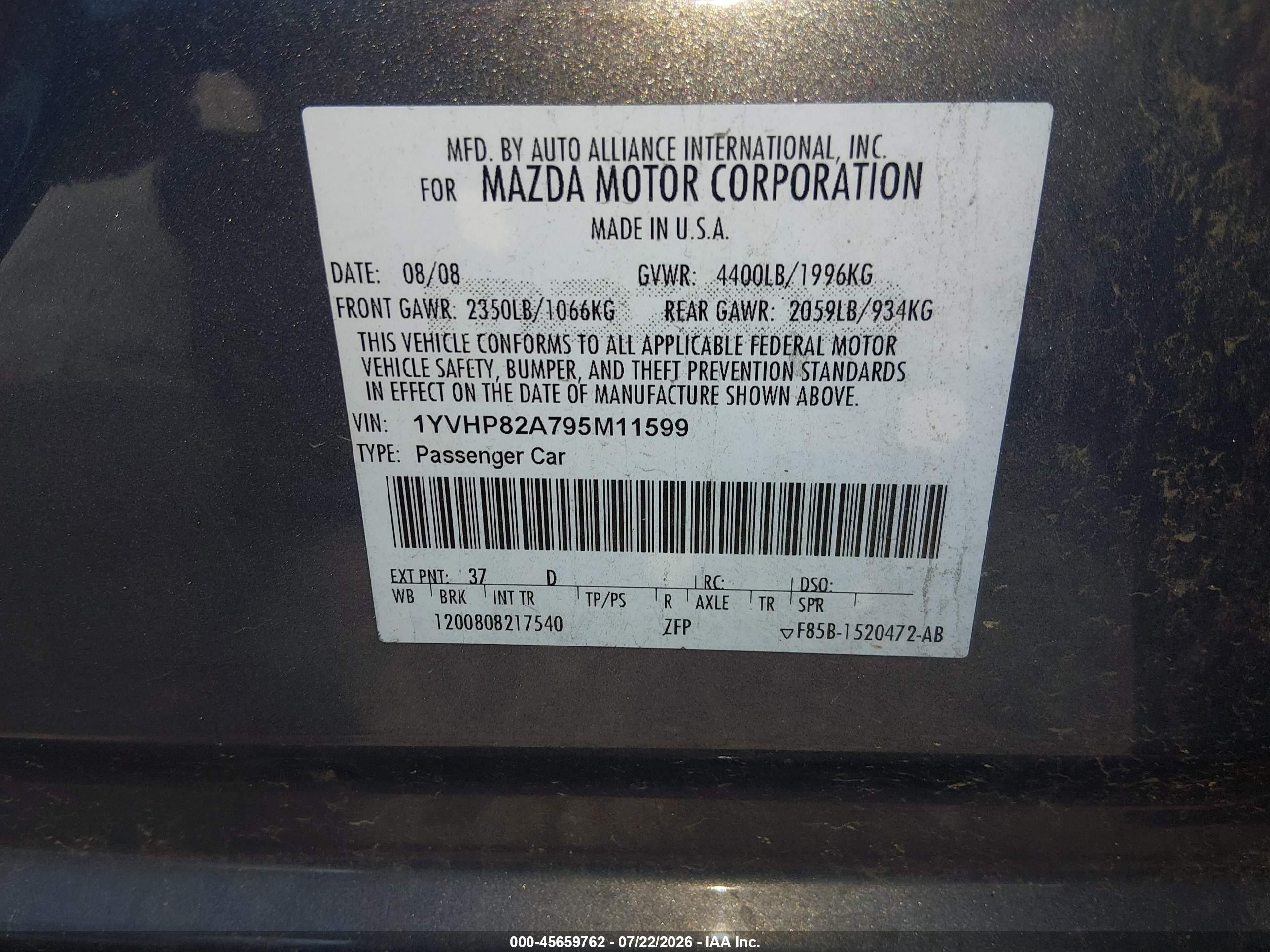 2009 Mazda Mazda6 I Grand Touring Gray vin: 1YVHP82A795M11599