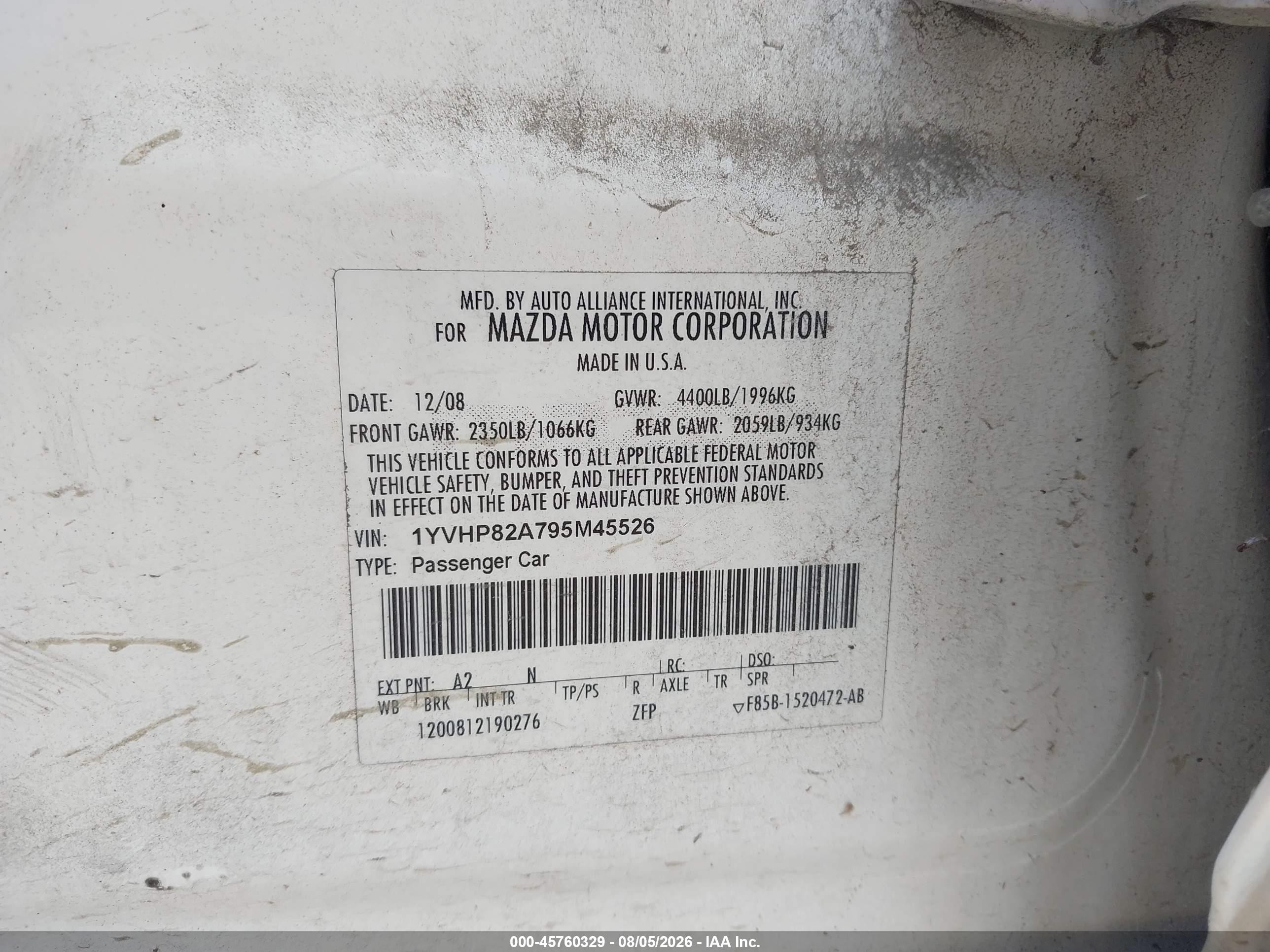 2009 Mazda Mazda6 I Touring Белый vin: 1YVHP82A795M45526
