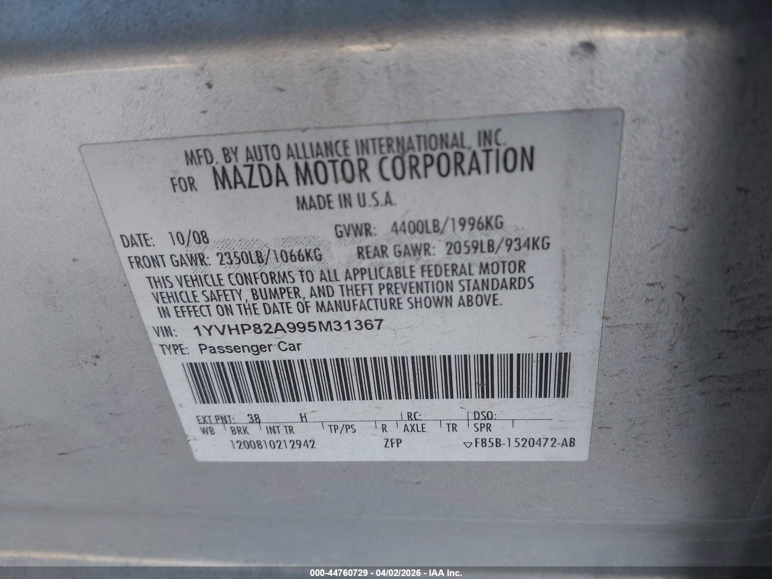2009 Mazda Mazda6 I Touring Silver vin: 1YVHP82A995M31367