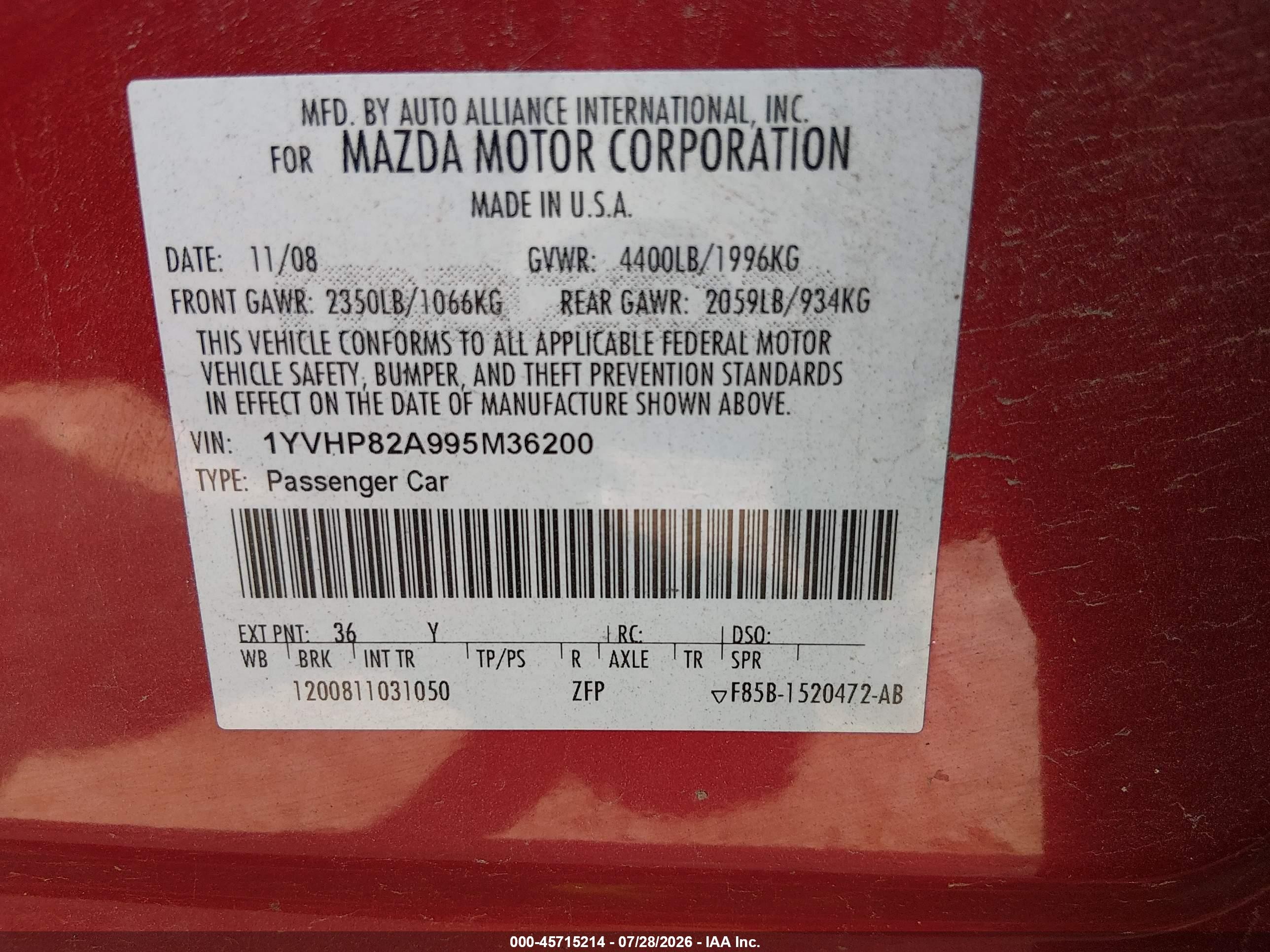 2009 Mazda Mazda6 I Grand Touring Red vin: 1YVHP82A995M36200