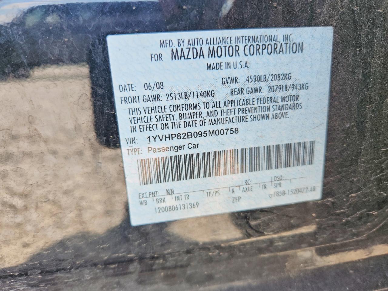 2009 Mazda 6 S Black vin: 1YVHP82B095M00758
