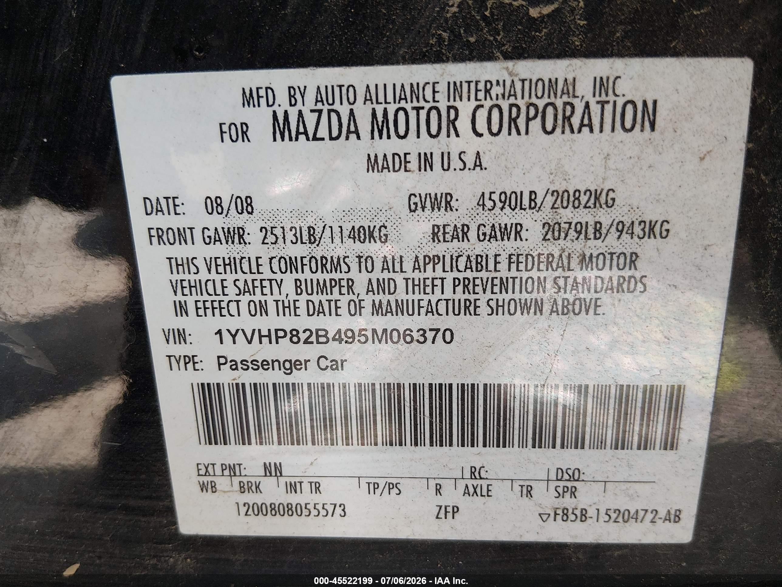 2009 Mazda Mazda6 S Grand Touring Black vin: 1YVHP82B495M06370