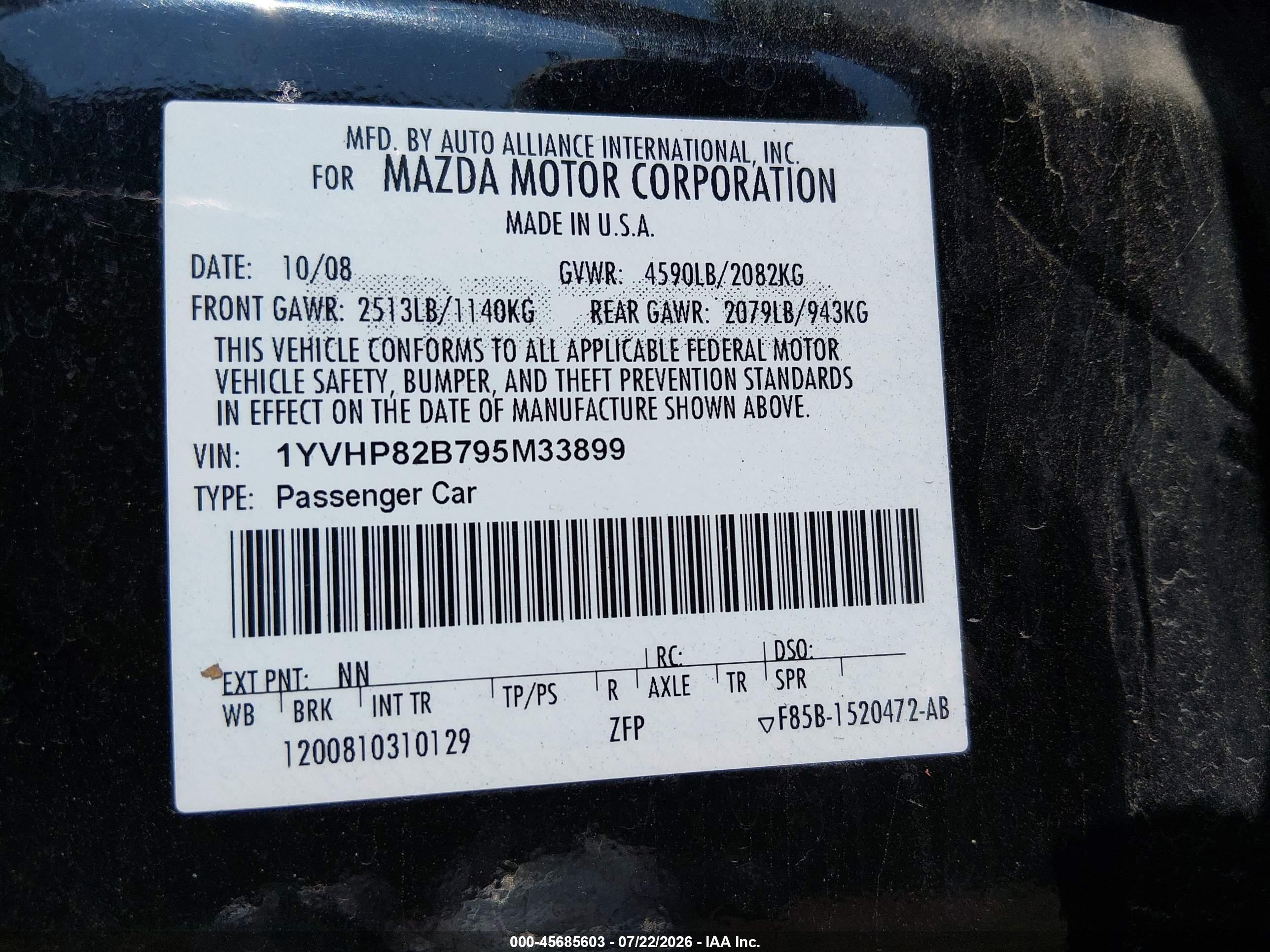 2009 Mazda Mazda6 S Grand Touring Black vin: 1YVHP82B795M33899