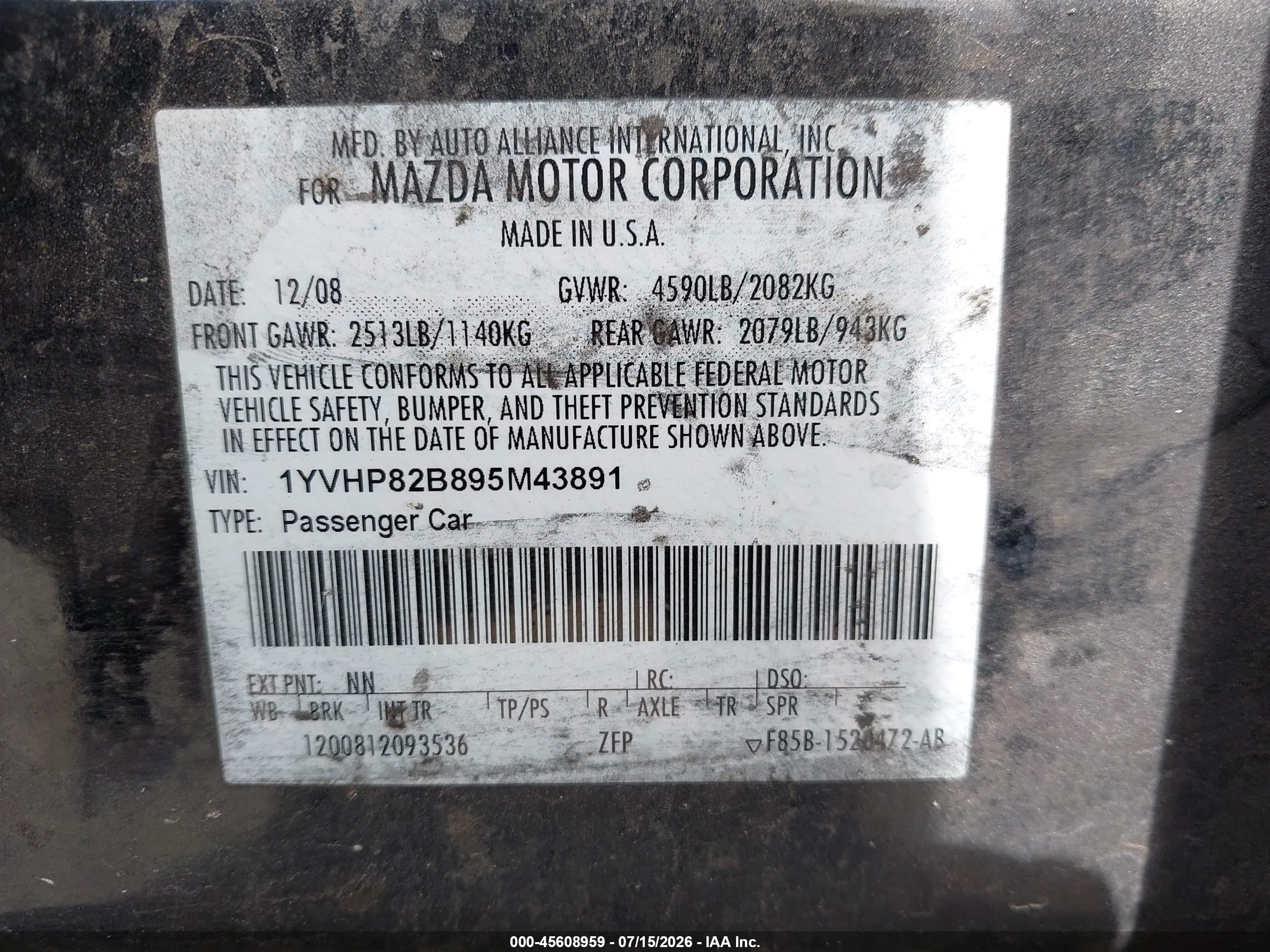2009 Mazda Mazda6 S Touring Black vin: 1YVHP82B895M43891
