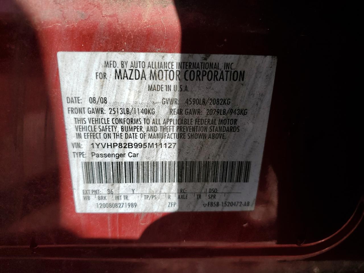 2009 Mazda 6 S Красный vin: 1YVHP82B995M11127