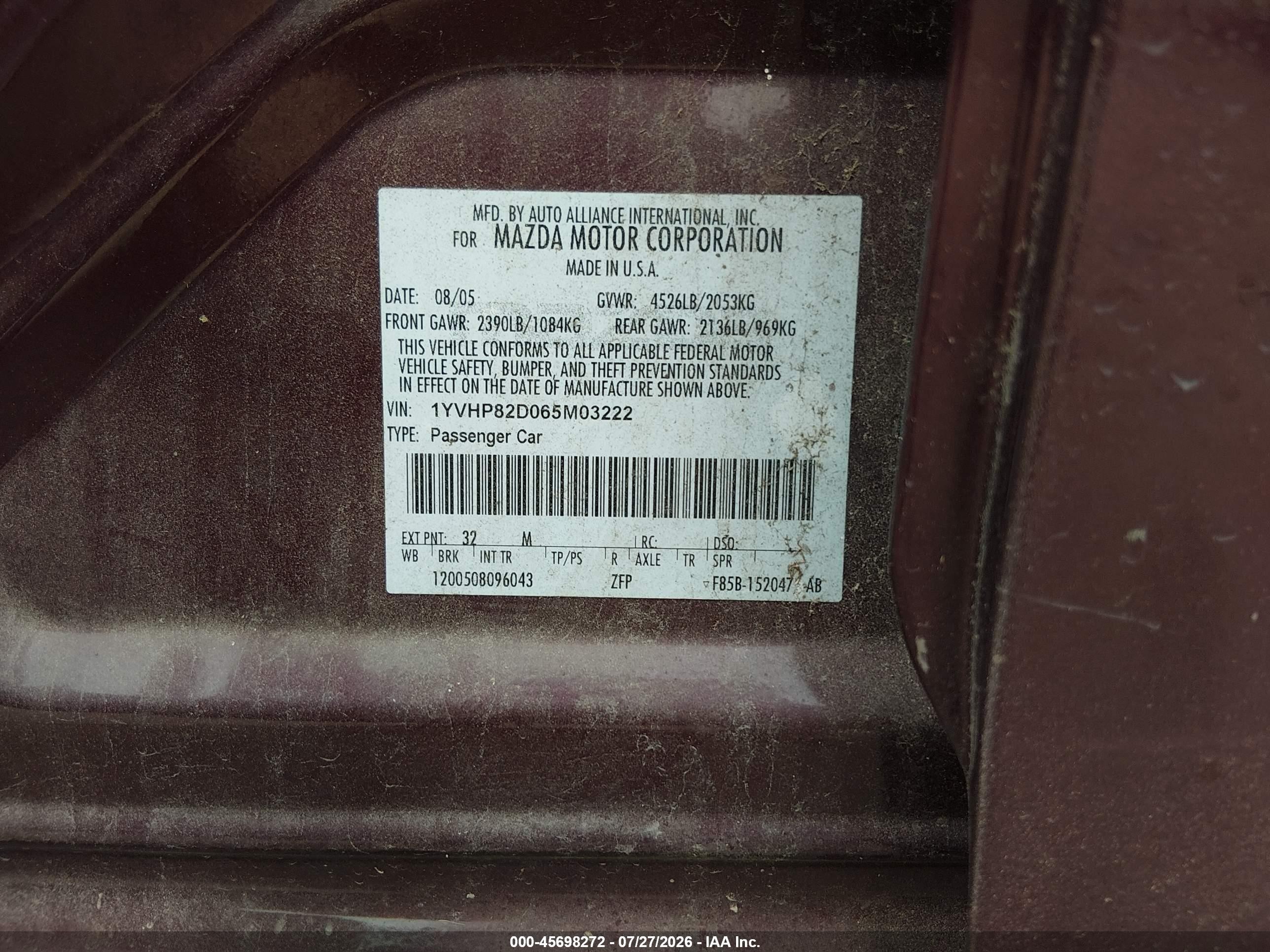 2006 Mazda Mazda6 S Maroon vin: 1YVHP82D065M03222