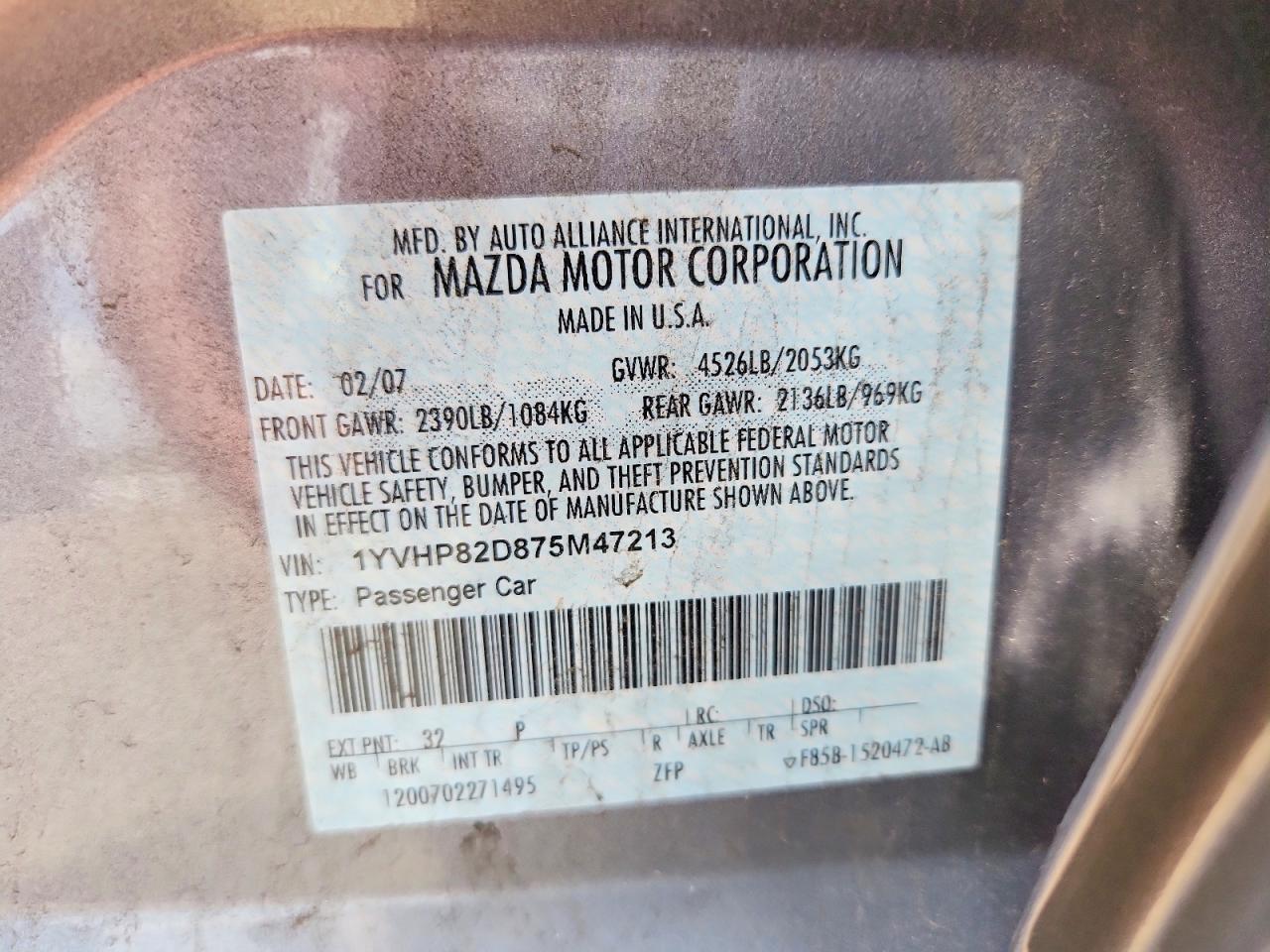 2007 Mazda 6 S Серебряный vin: 1YVHP82D875M47213